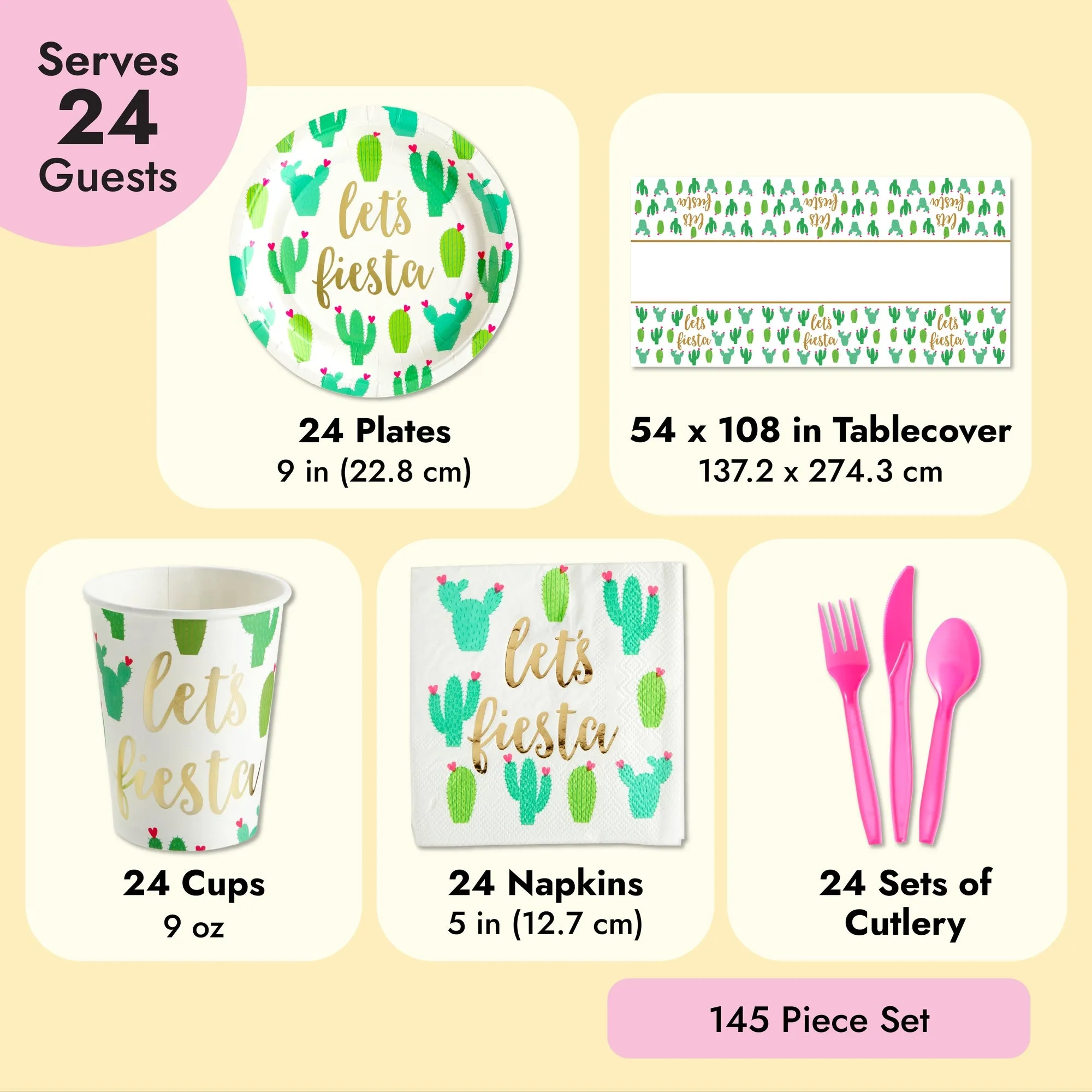 145 Pieces Let's Fiesta Party Supplies, Cactus Plates, Napkins, Cups, Cutlery, Tablecloth for Birthday, Bachelorette Decorations (Serves 24)
