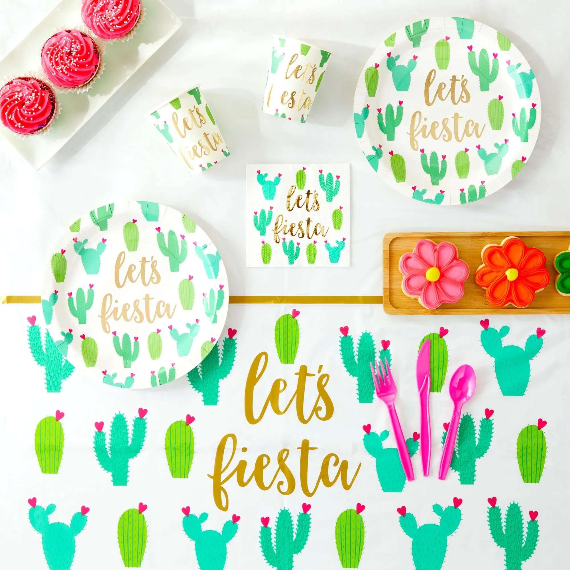 145 Pieces Let's Fiesta Party Supplies, Cactus Plates, Napkins, Cups, Cutlery, Tablecloth for Birthday, Bachelorette Decorations (Serves 24)