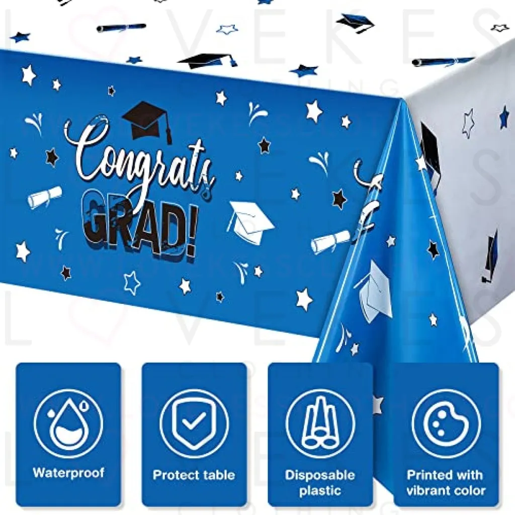3 Pack Graduation Party Tablecloth Congrats Class of 2022 Graduation Table Covers Grad Cap Table Cloth Rectangle Plastic Tablecloth for Grad Party Decorations and Supplies, 54 x 108 Inch (Blue)