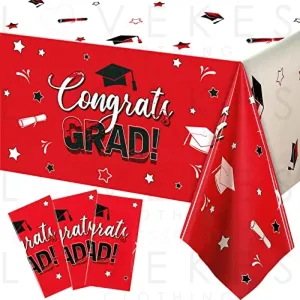 3 Pack Graduation Party Tablecloth Congrats Class of 2022 Graduation Table Covers Grad Cap Table Cloth Rectangle Plastic Tablecloth for Grad Party Decorations and Supplies, 54 x 108 Inch (Red)