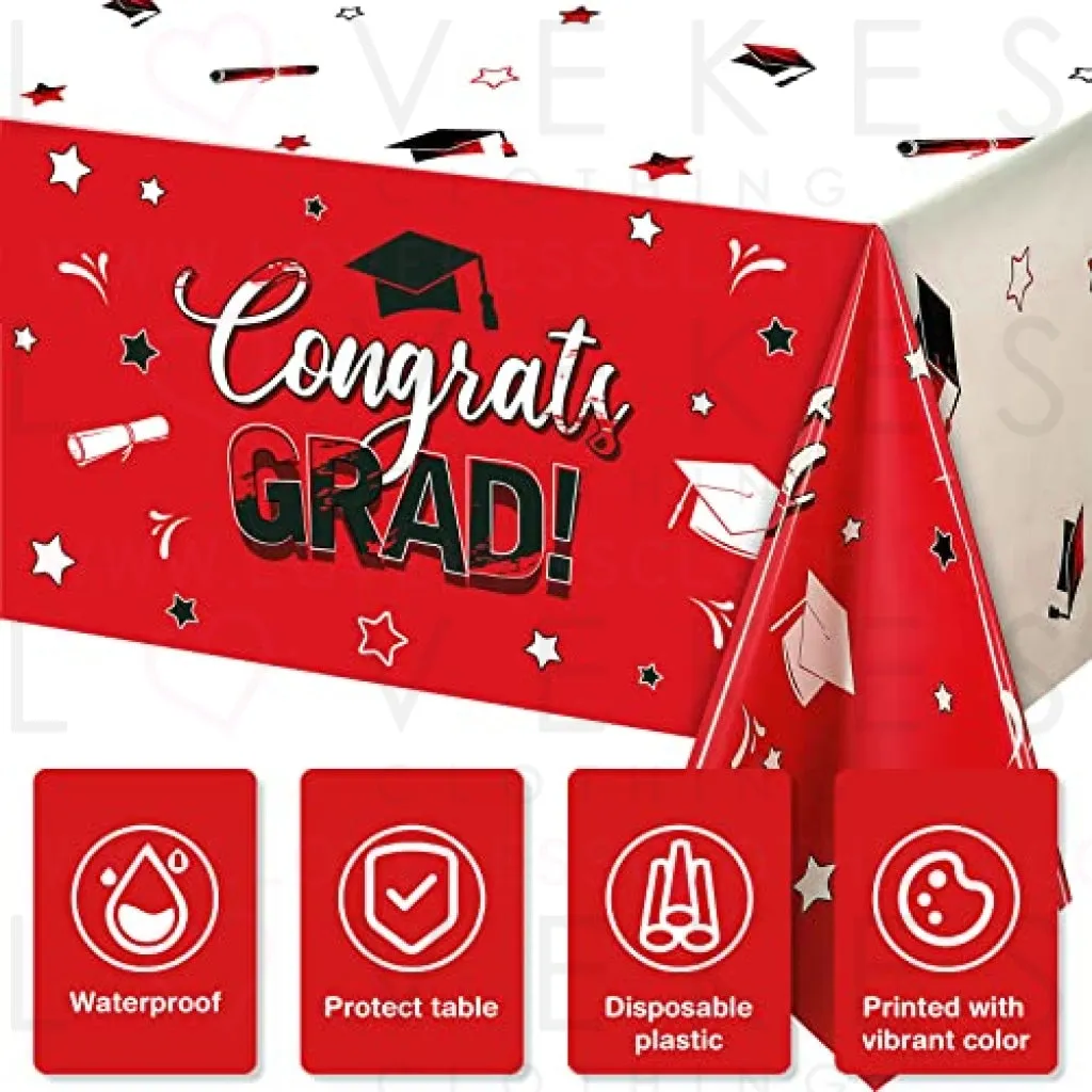 3 Pack Graduation Party Tablecloth Congrats Class of 2022 Graduation Table Covers Grad Cap Table Cloth Rectangle Plastic Tablecloth for Grad Party Decorations and Supplies, 54 x 108 Inch (Red)