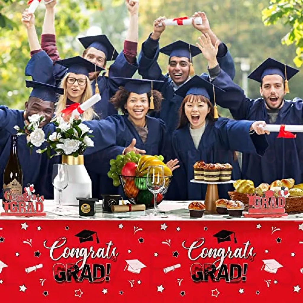 3 Pack Graduation Party Tablecloth Congrats Class of 2022 Graduation Table Covers Grad Cap Table Cloth Rectangle Plastic Tablecloth for Grad Party Decorations and Supplies, 54 x 108 Inch (Red)