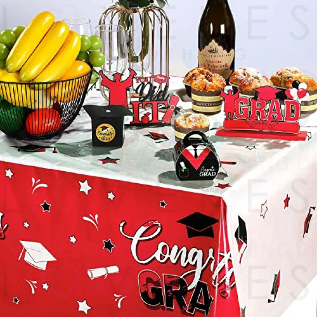 3 Pack Graduation Party Tablecloth Congrats Class of 2022 Graduation Table Covers Grad Cap Table Cloth Rectangle Plastic Tablecloth for Grad Party Decorations and Supplies, 54 x 108 Inch (Red)