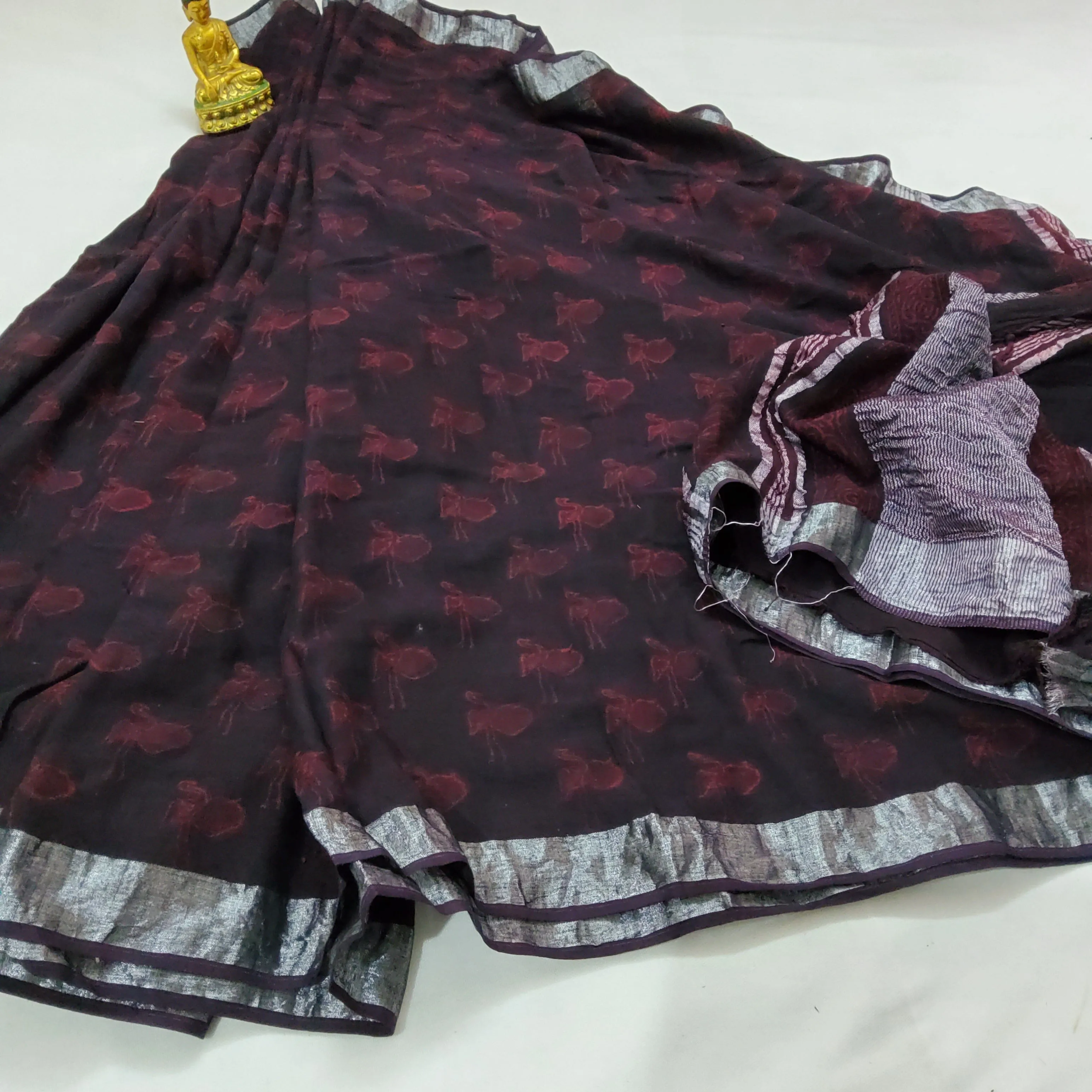 Akola Hand BlockPrint Linen Cotton Saree with Silver Border