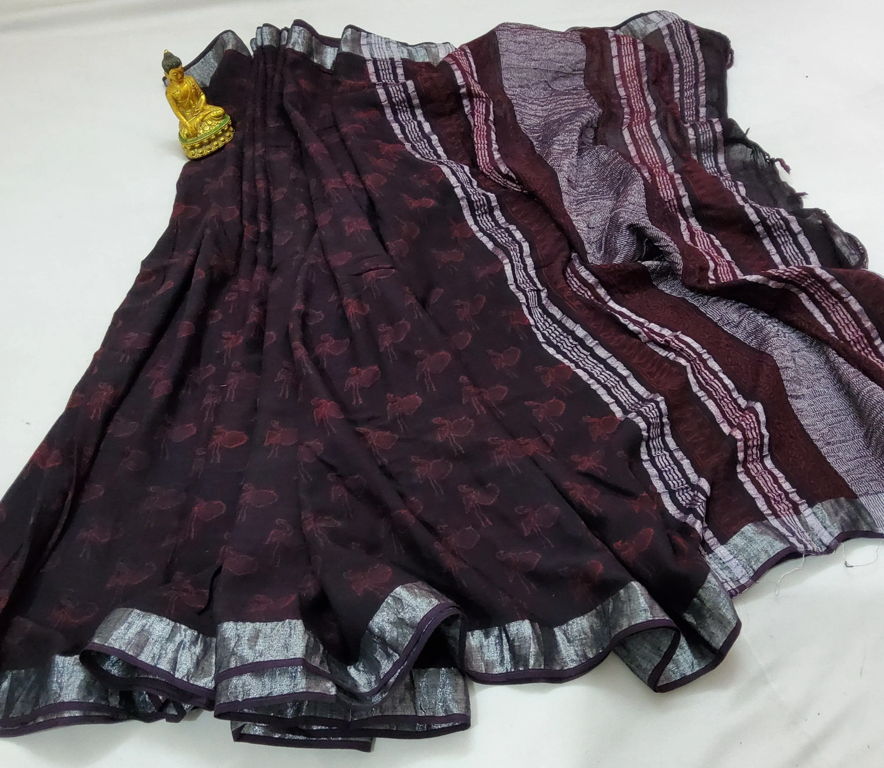 Akola Hand BlockPrint Linen Cotton Saree with Silver Border