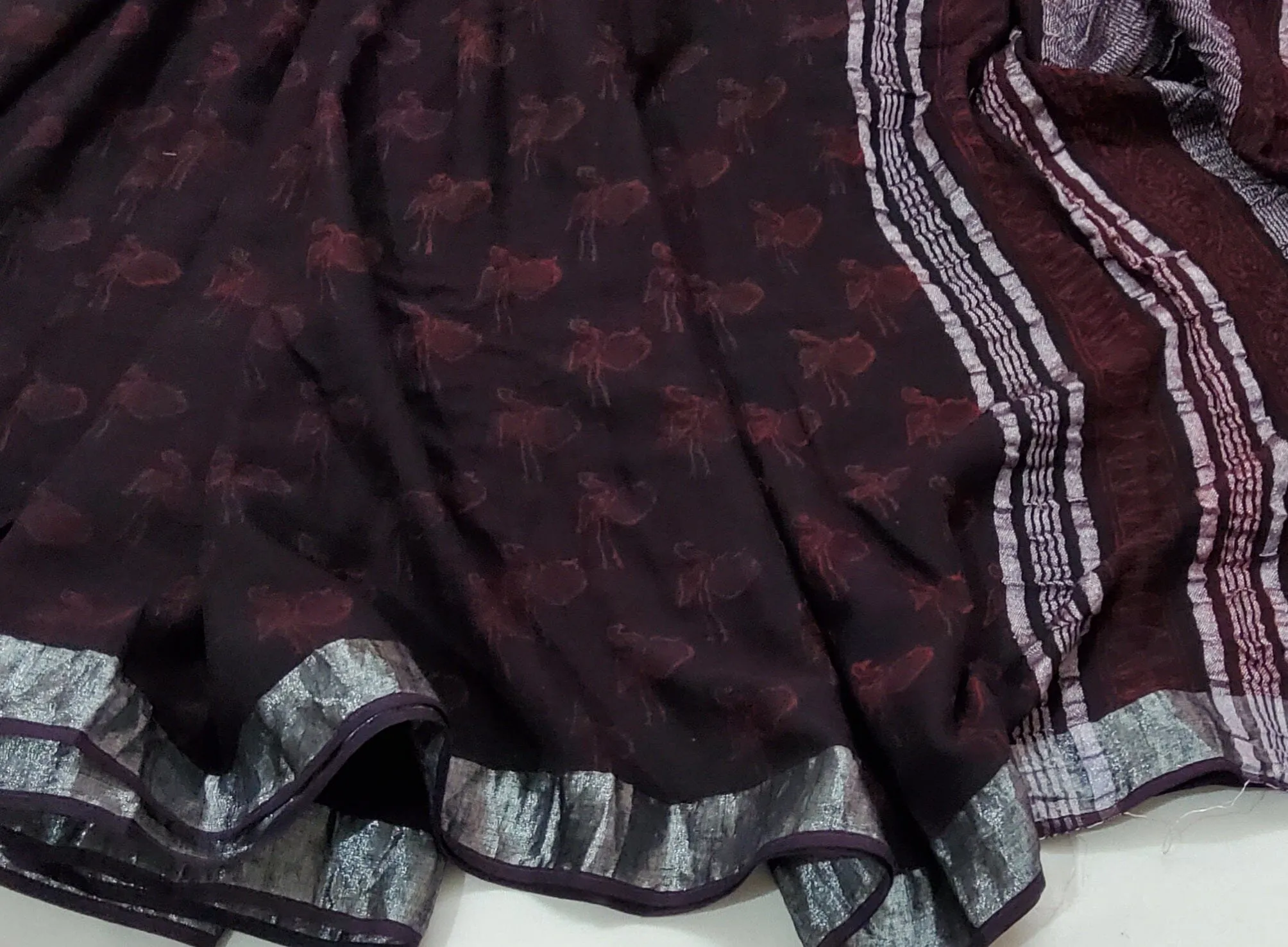 Akola Hand BlockPrint Linen Cotton Saree with Silver Border