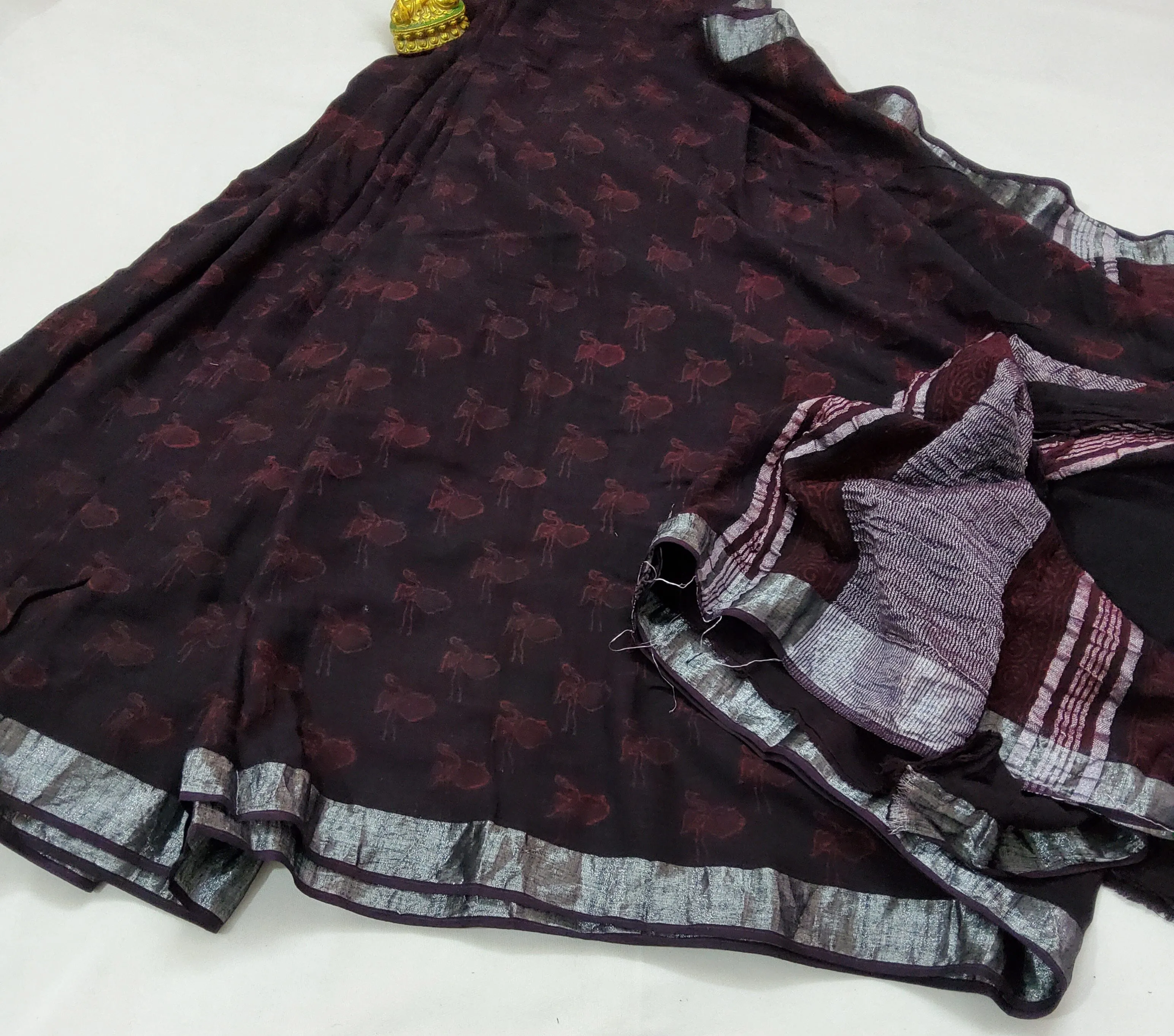 Akola Hand BlockPrint Linen Cotton Saree with Silver Border