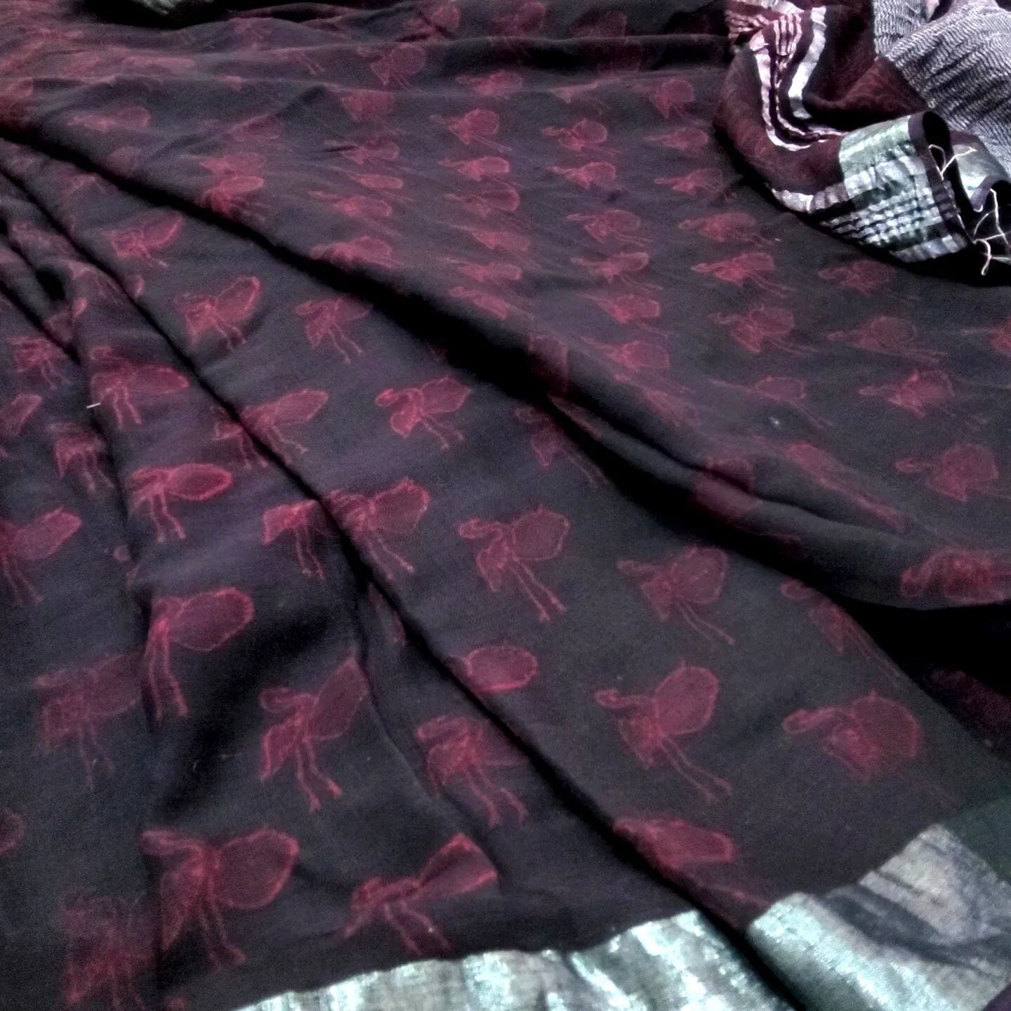 Akola Hand BlockPrint Linen Cotton Saree with Silver Border