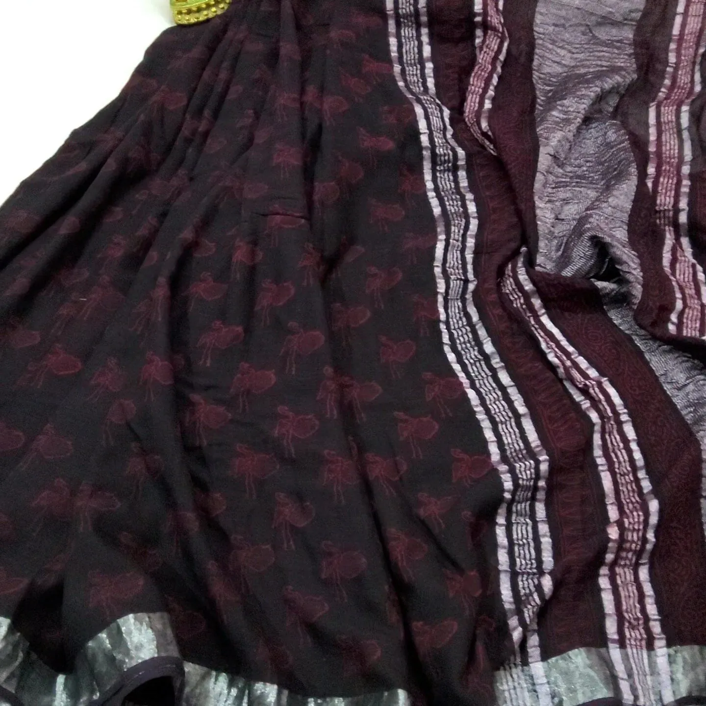 Akola Hand BlockPrint Linen Cotton Saree with Silver Border
