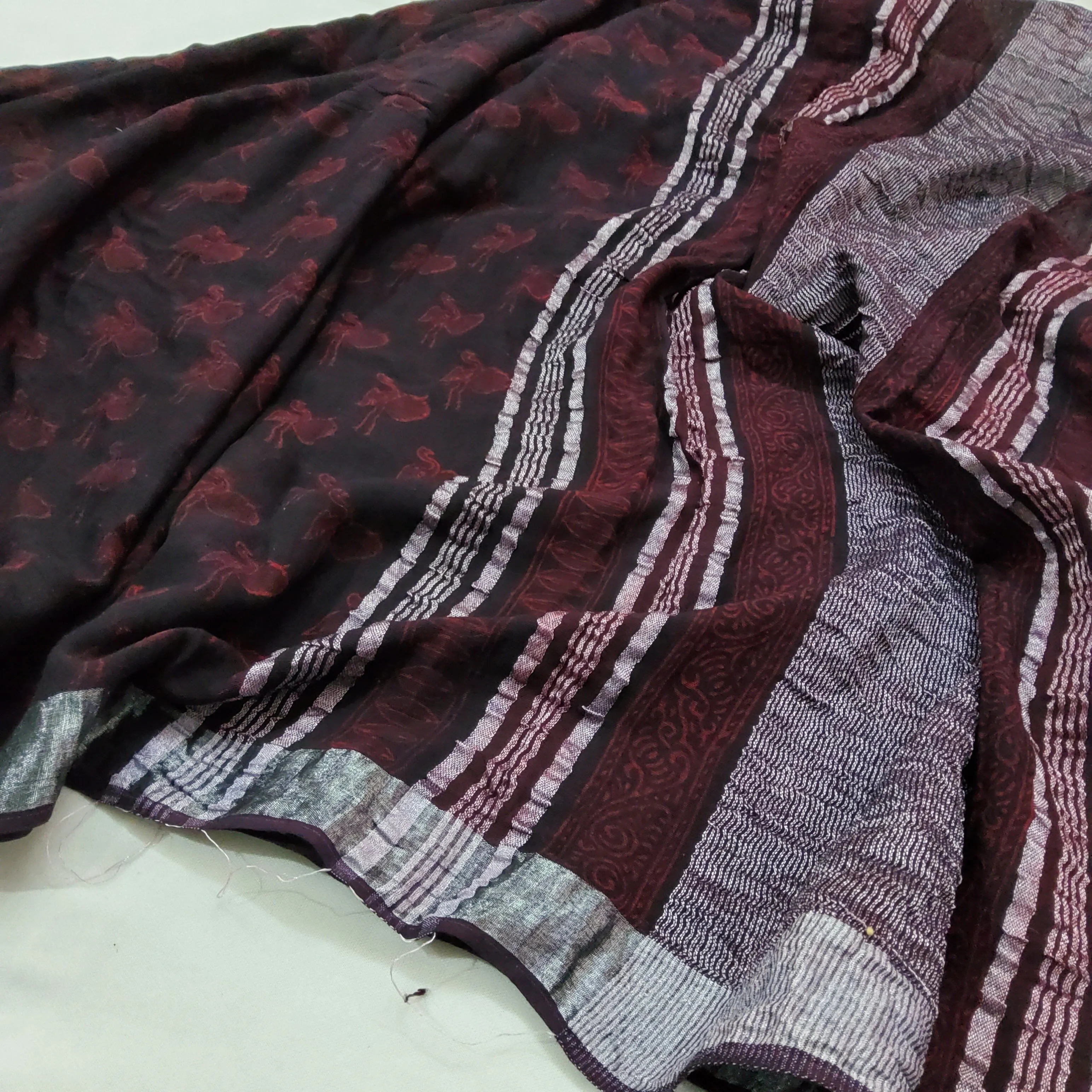 Akola Hand BlockPrint Linen Cotton Saree with Silver Border