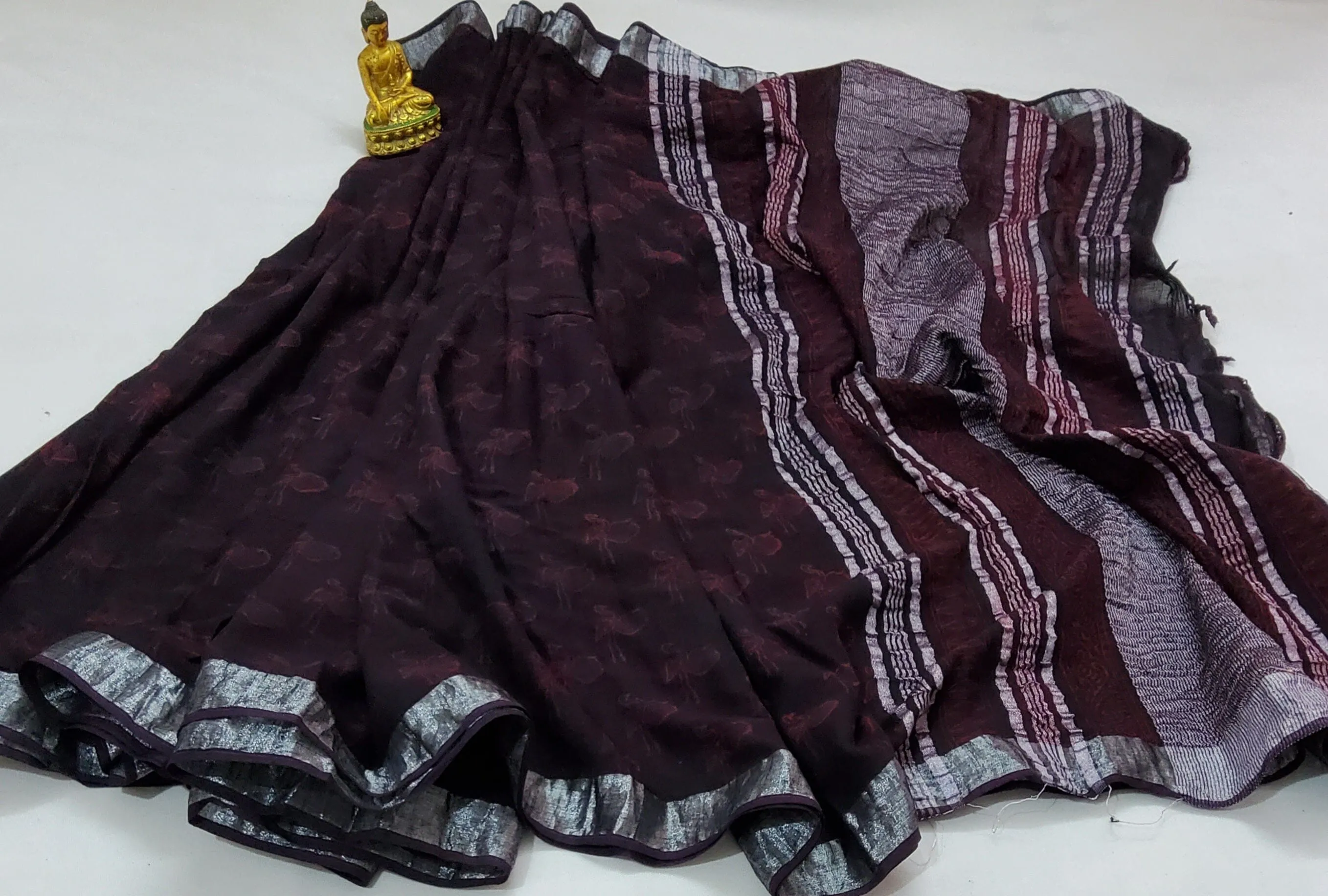 Akola Hand BlockPrint Linen Cotton Saree with Silver Border