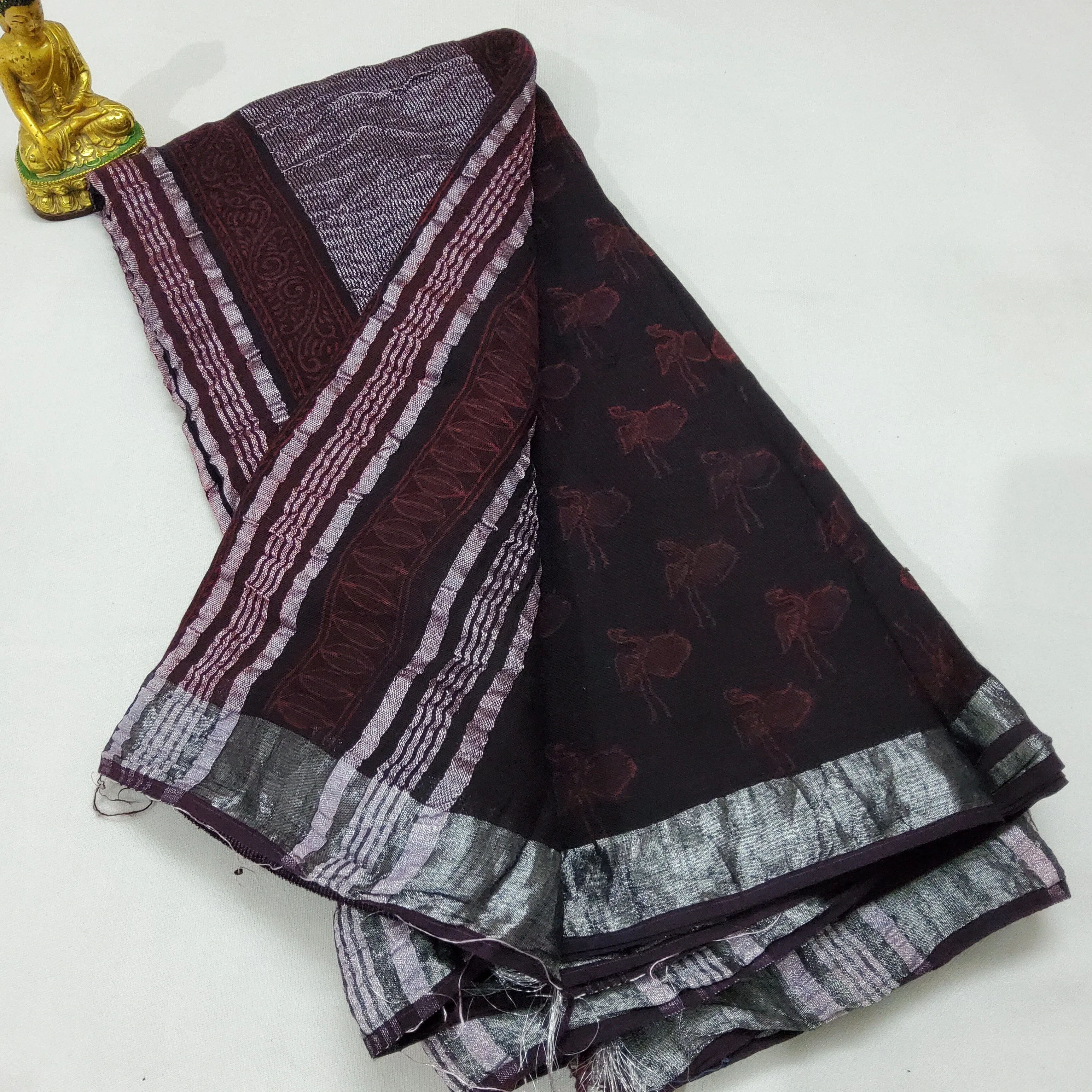 Akola Hand BlockPrint Linen Cotton Saree with Silver Border