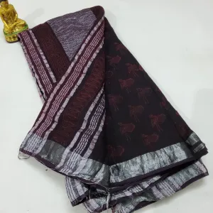 Akola Hand BlockPrint Linen Cotton Saree with Silver Border