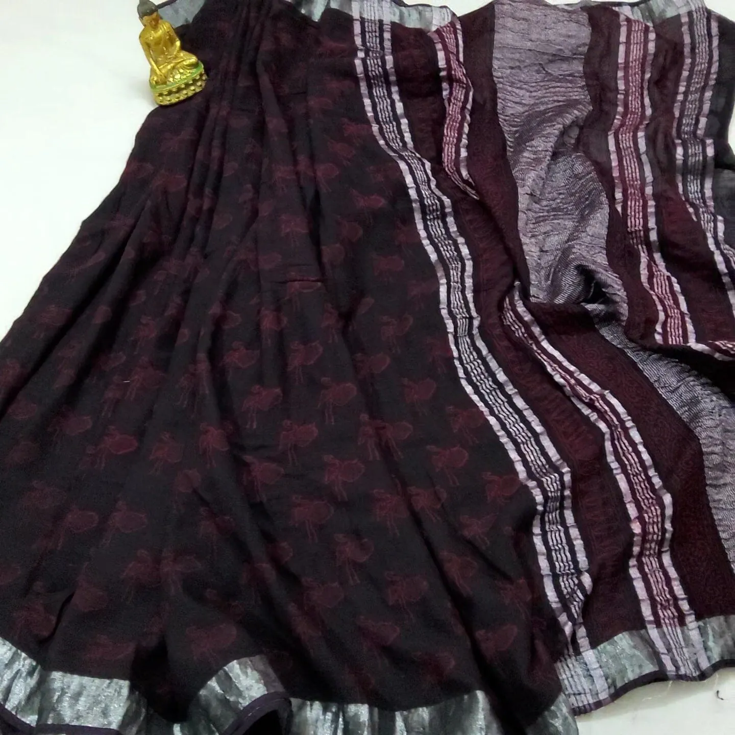 Akola Hand BlockPrint Linen Cotton Saree with Silver Border