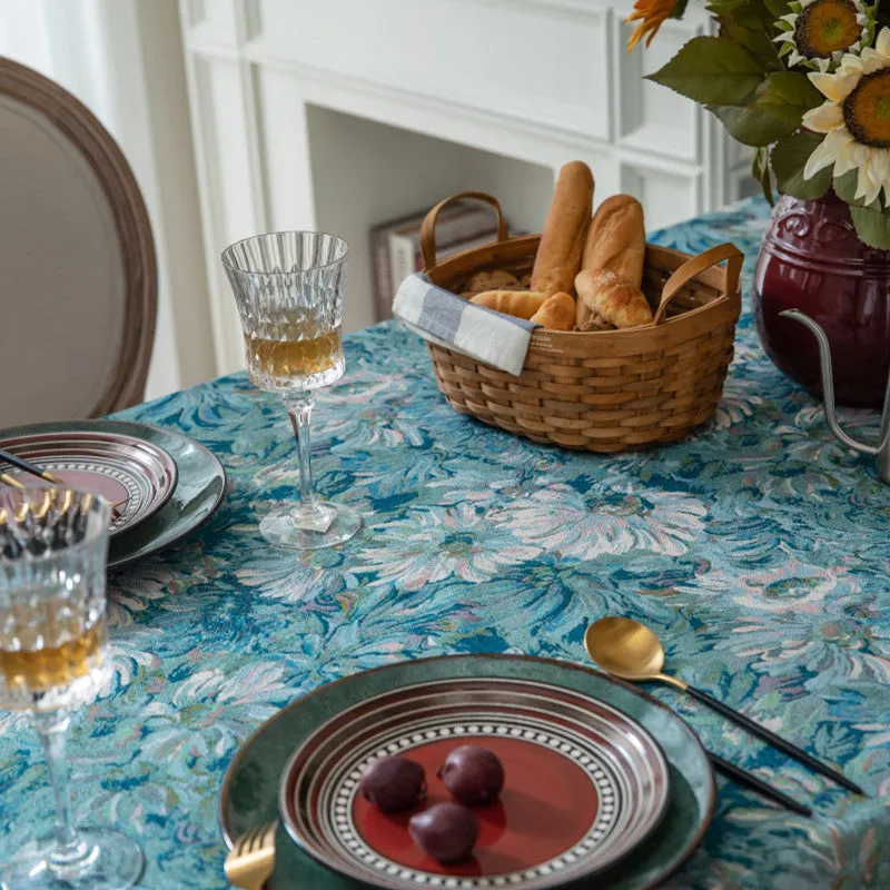 American Retro Tablecloth Jacquard Table Cloth Oil Painting Thick Tablecloth Blue Flower Cover Towel