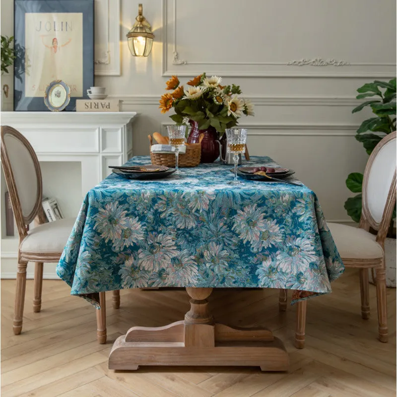 American Retro Tablecloth Jacquard Table Cloth Oil Painting Thick Tablecloth Blue Flower Cover Towel