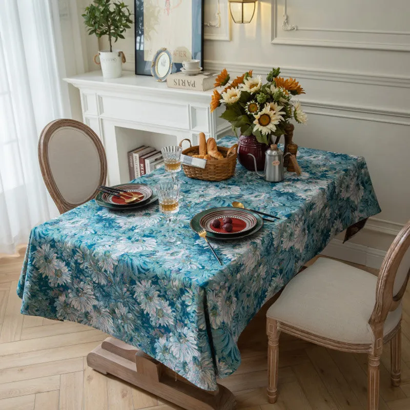 American Retro Tablecloth Jacquard Table Cloth Oil Painting Thick Tablecloth Blue Flower Cover Towel