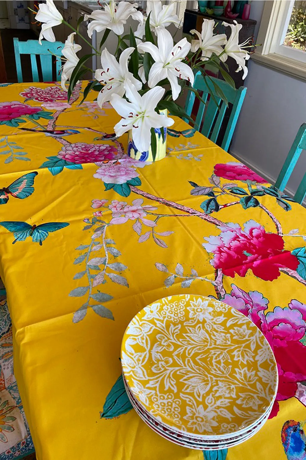 ANNA CHANDLER CANVAS TABLECLOTH SAFFRON BIRDS