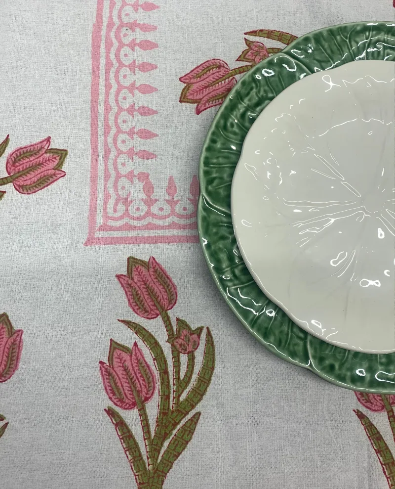 Block Print Pink Tulip Table Cloth Large