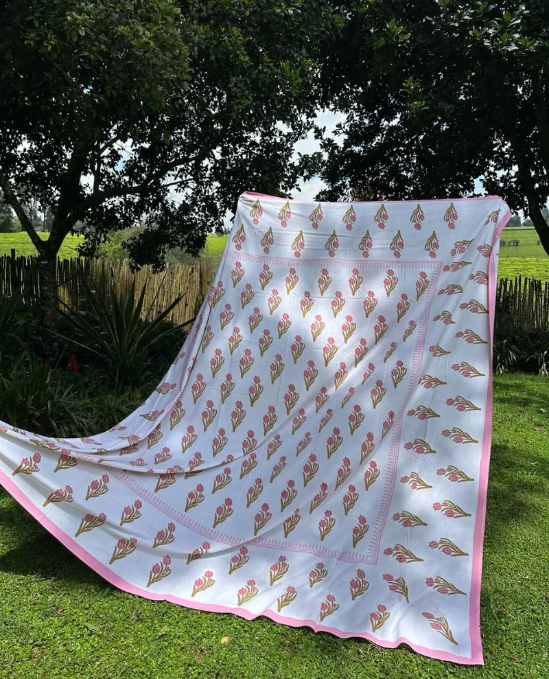 Block Print Pink Tulip Table Cloth Large