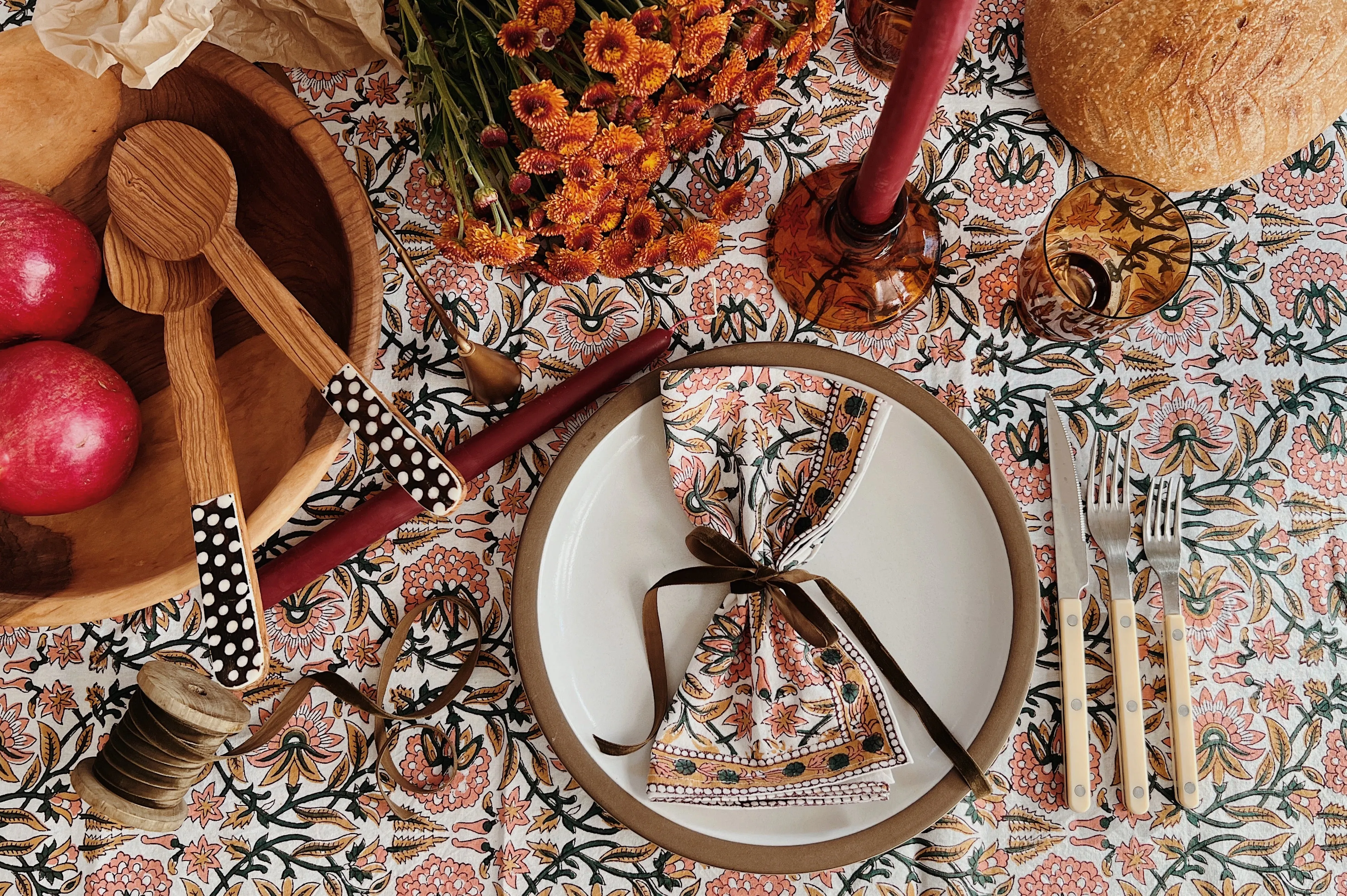 Blockprint Tablecloth | Peach Chrysanthemum