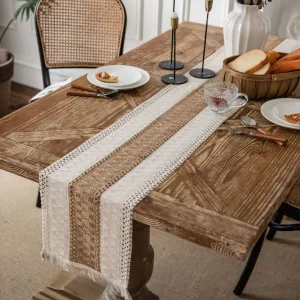 Cotton and Linen Stitching Table Runner Two-Color Woven Tassel Natural Material American Country Holiday Tablecloth