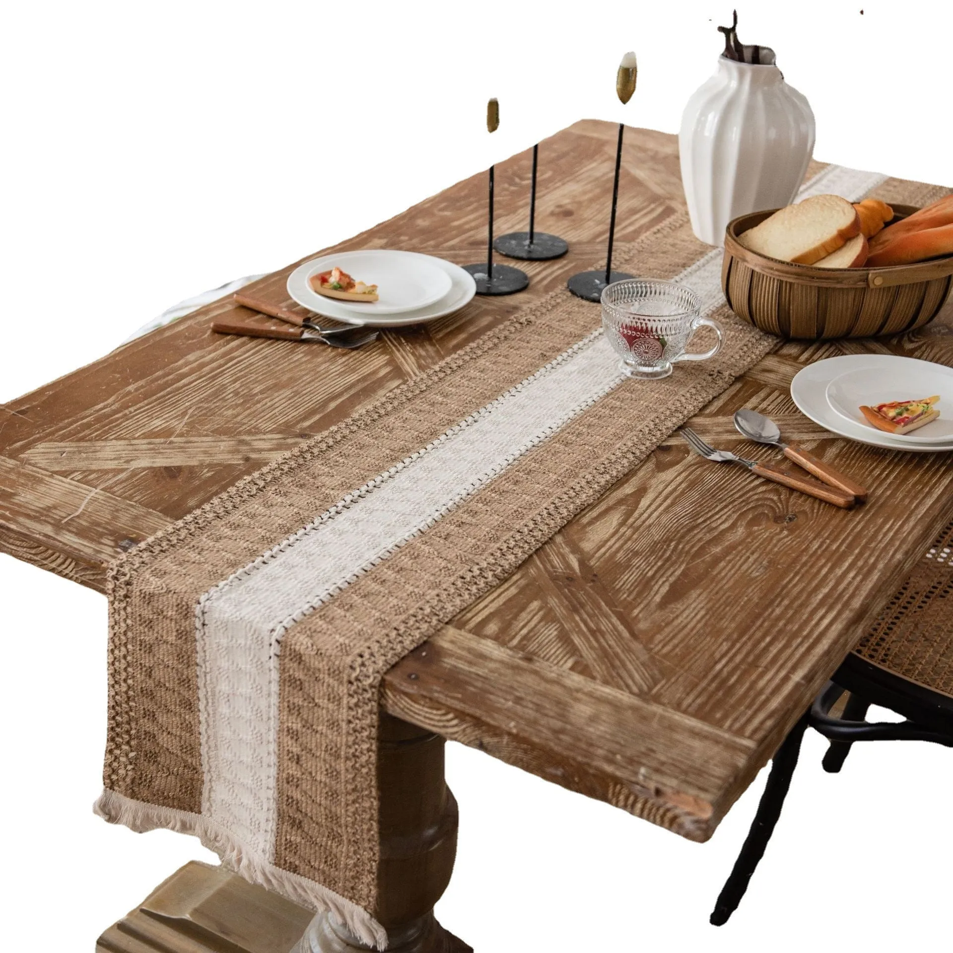 Cotton and Linen Stitching Table Runner Two-Color Woven Tassel Natural Material American Country Holiday Tablecloth