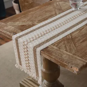 Cotton and Linen Table Runner Striped Stitching Two-Color Woven Tassel Natural Material American Tablecloth