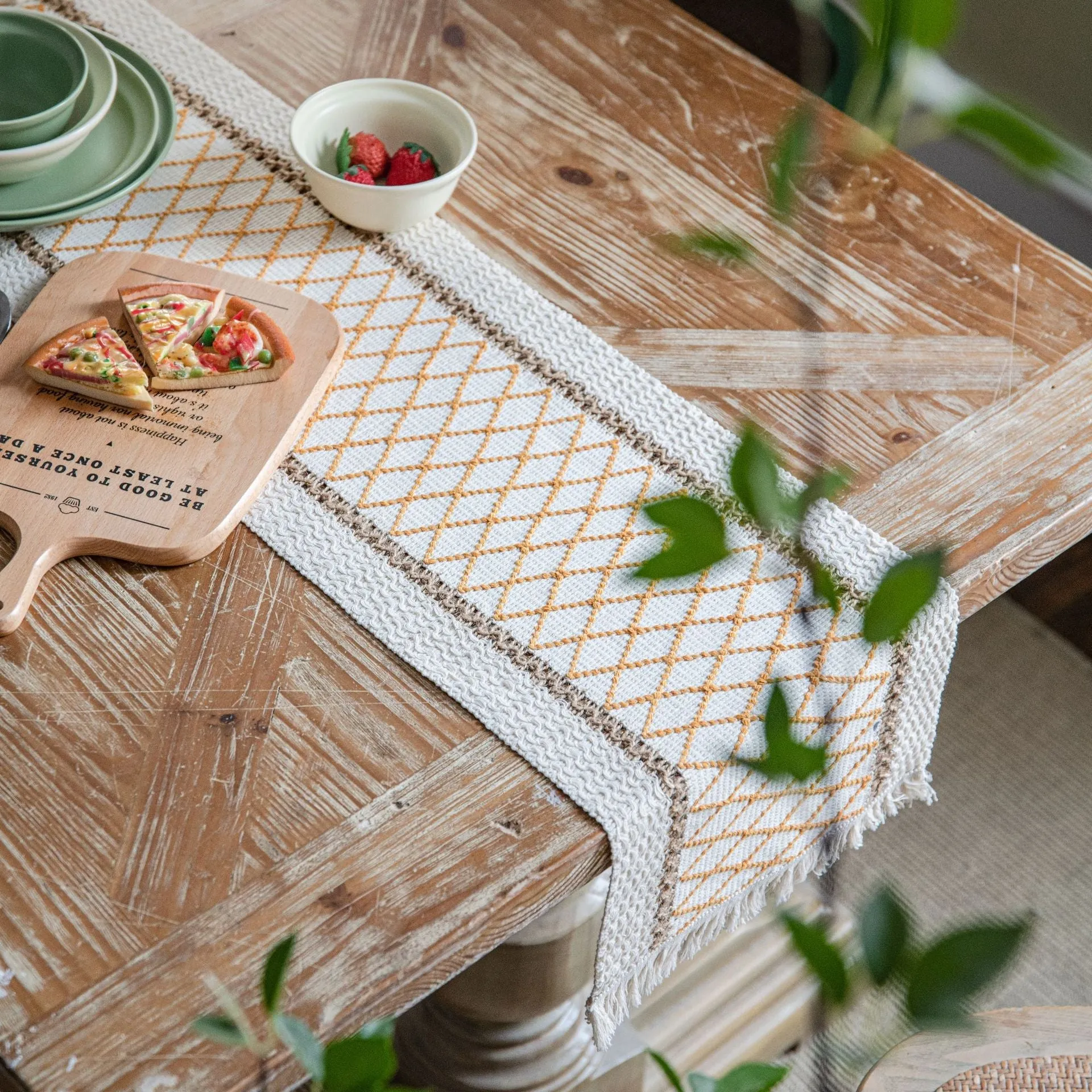 Cotton and Linen Table Runner Striped Stitching Two-Color Woven Tassel Natural Material American Tablecloth