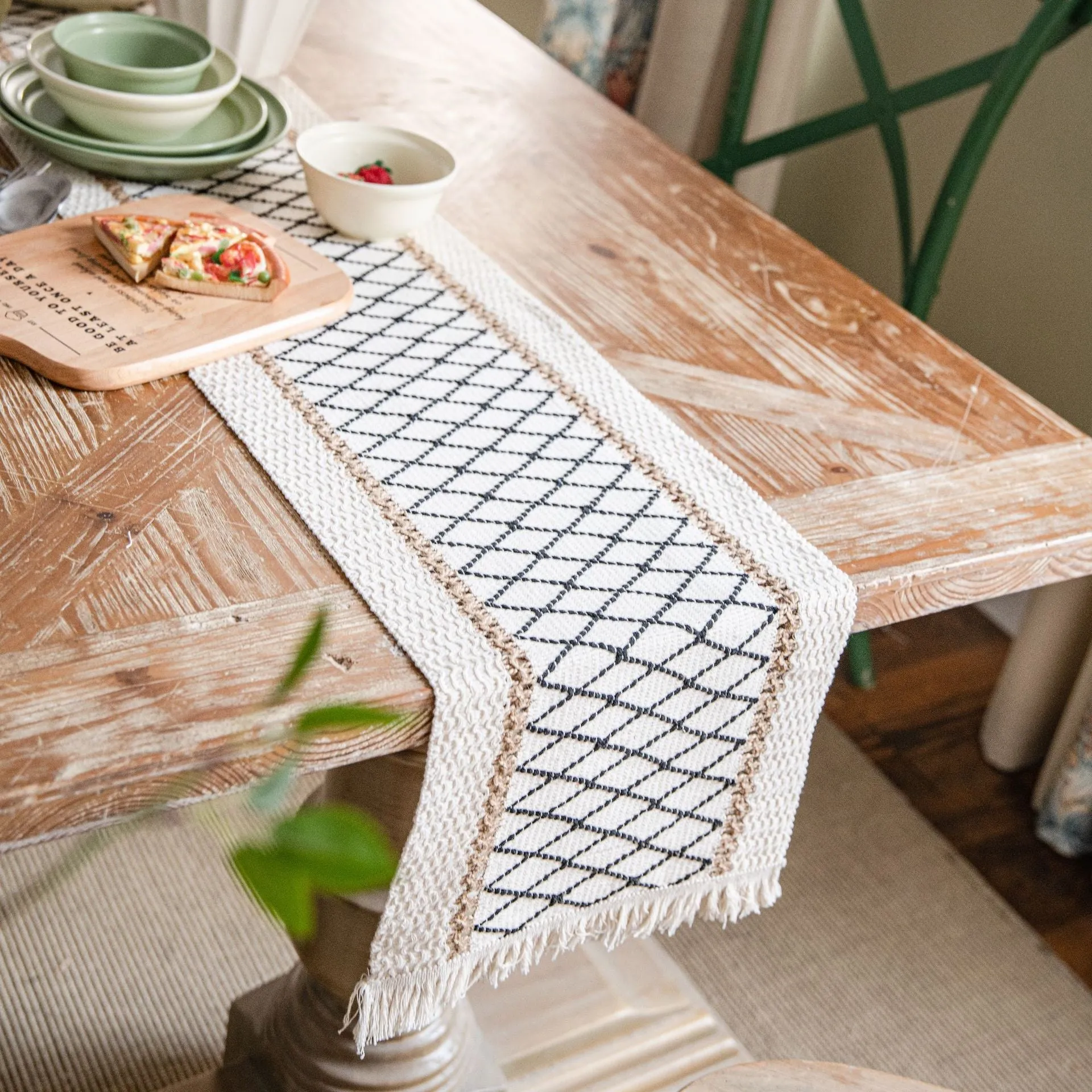 Cotton and Linen Table Runner Striped Stitching Two-Color Woven Tassel Natural Material American Tablecloth