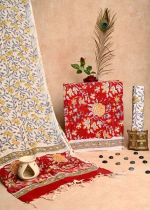 Cotton Block Print Dress Material with Linen Dupatta