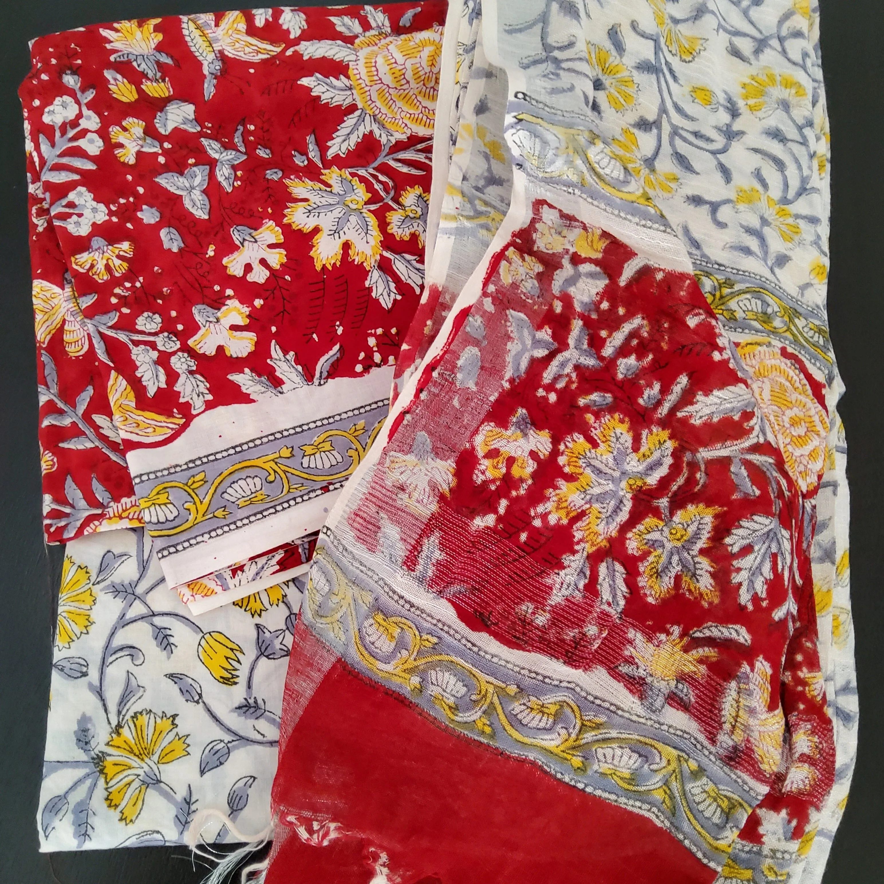 Cotton Block Print Dress Material with Linen Dupatta