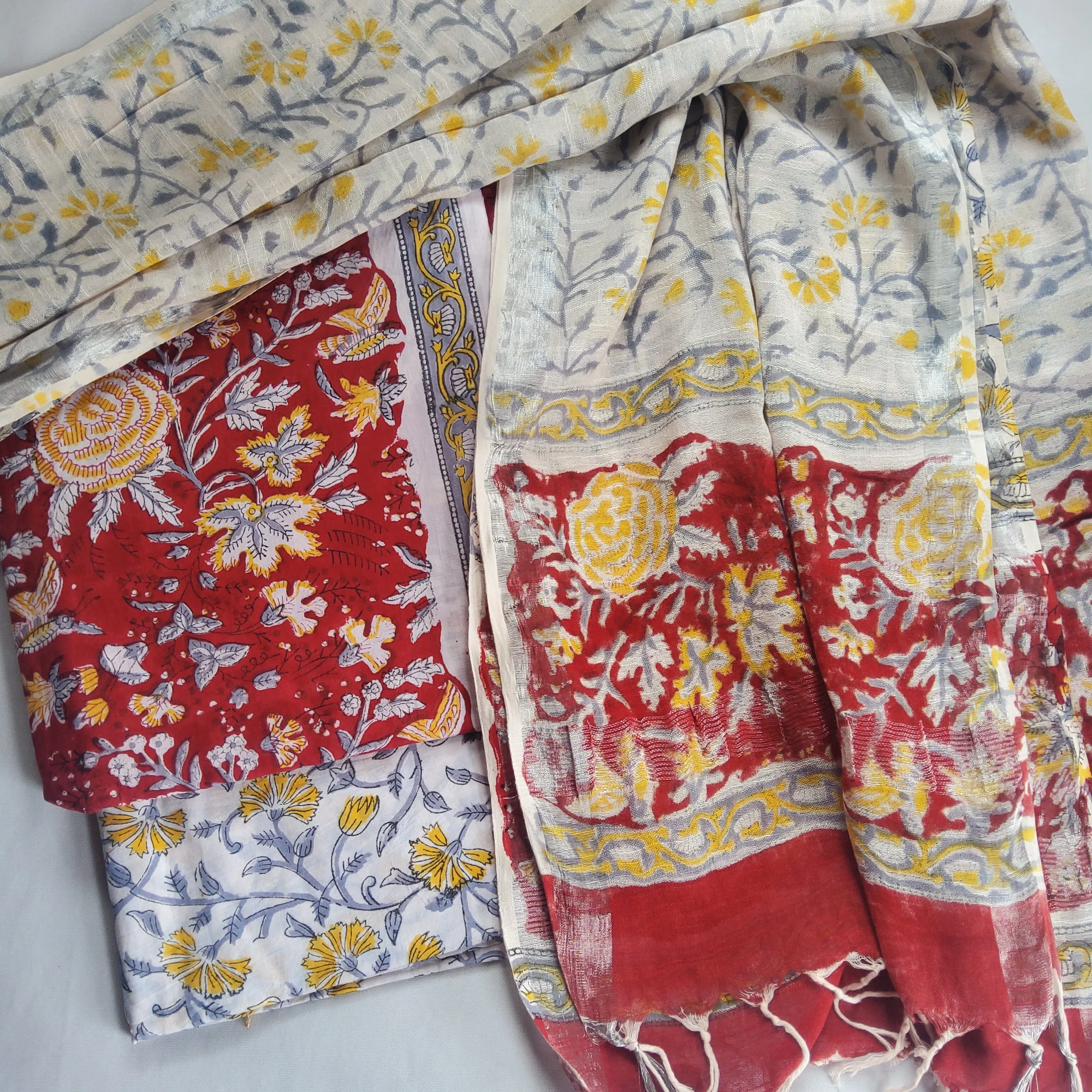 Cotton Block Print Dress Material with Linen Dupatta