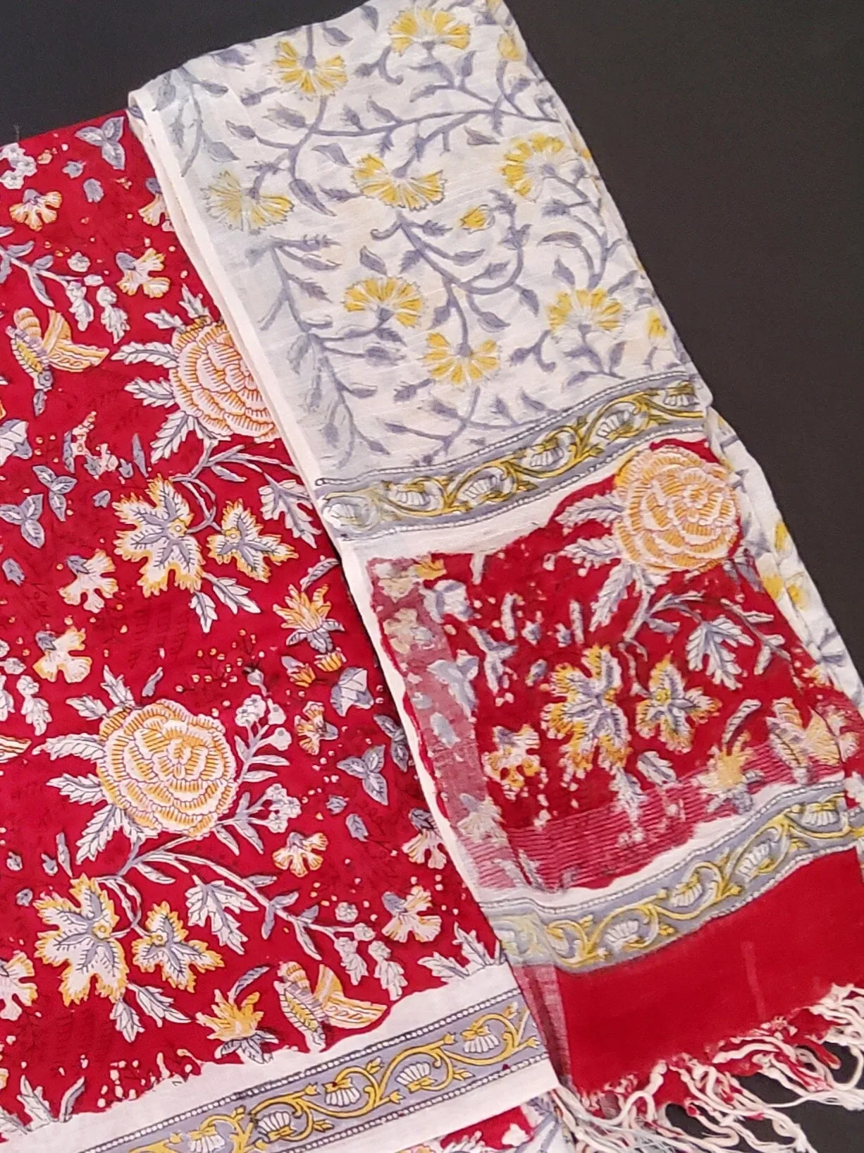 Cotton Block Print Dress Material with Linen Dupatta
