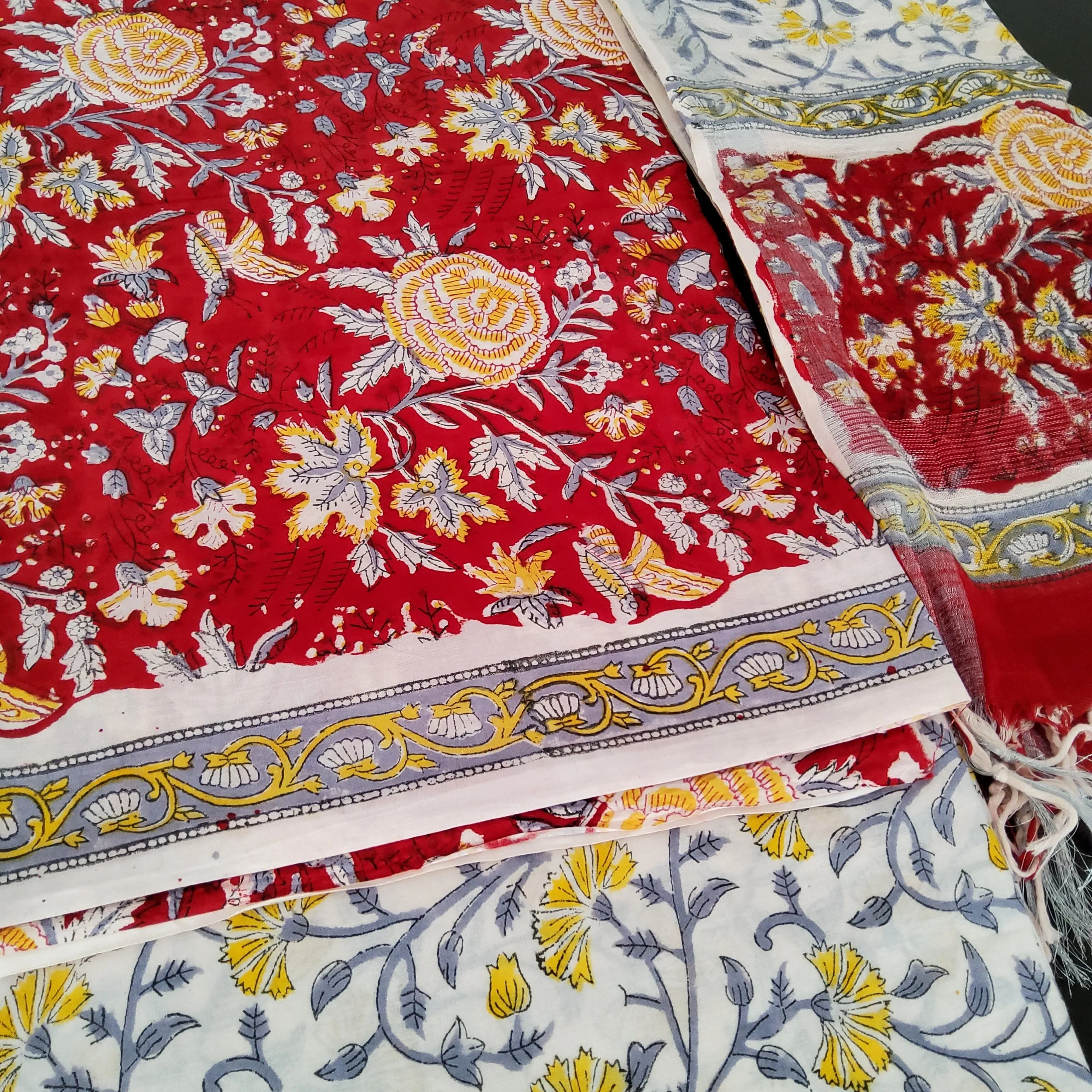 Cotton Block Print Dress Material with Linen Dupatta