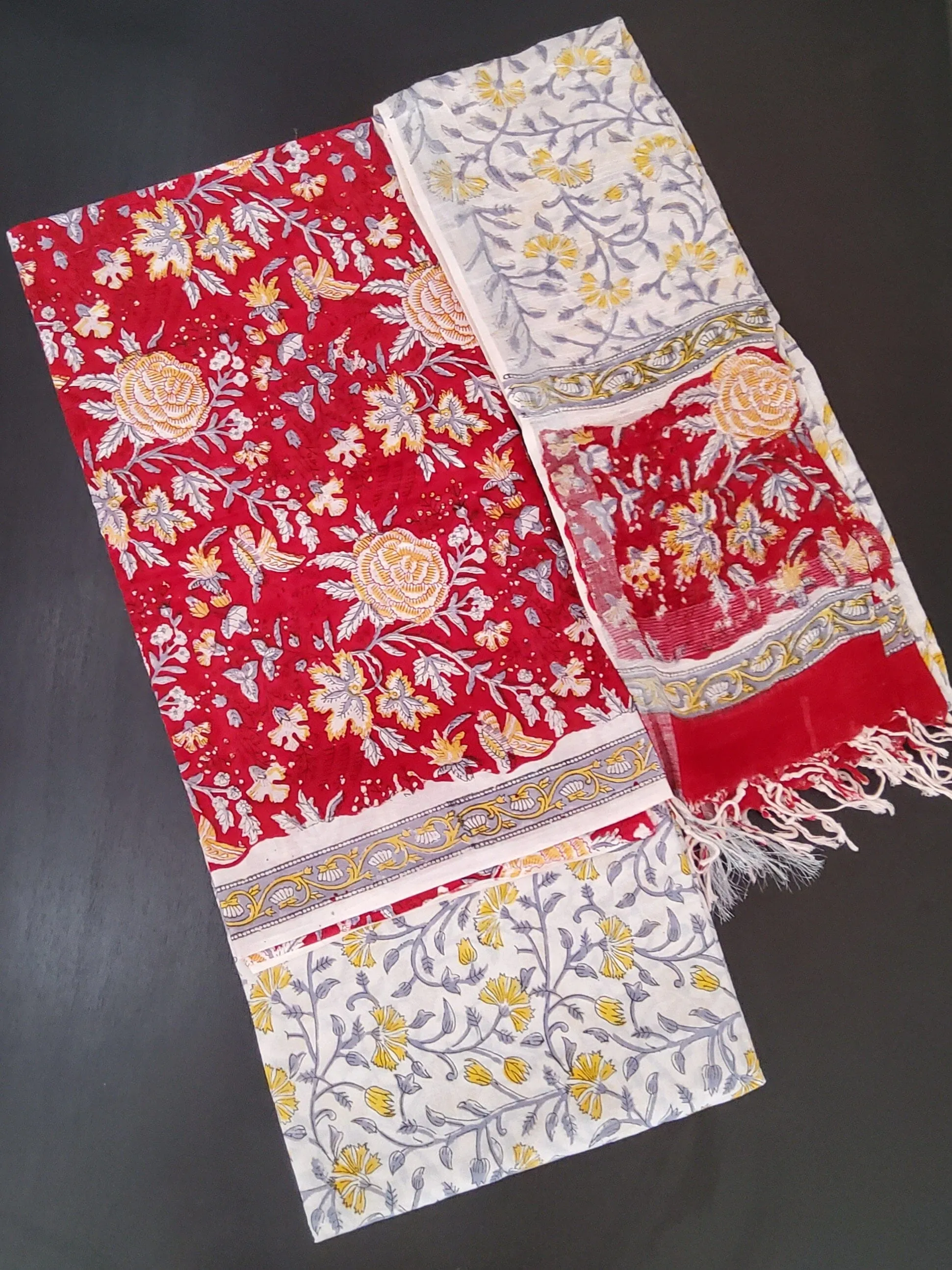Cotton Block Print Dress Material with Linen Dupatta