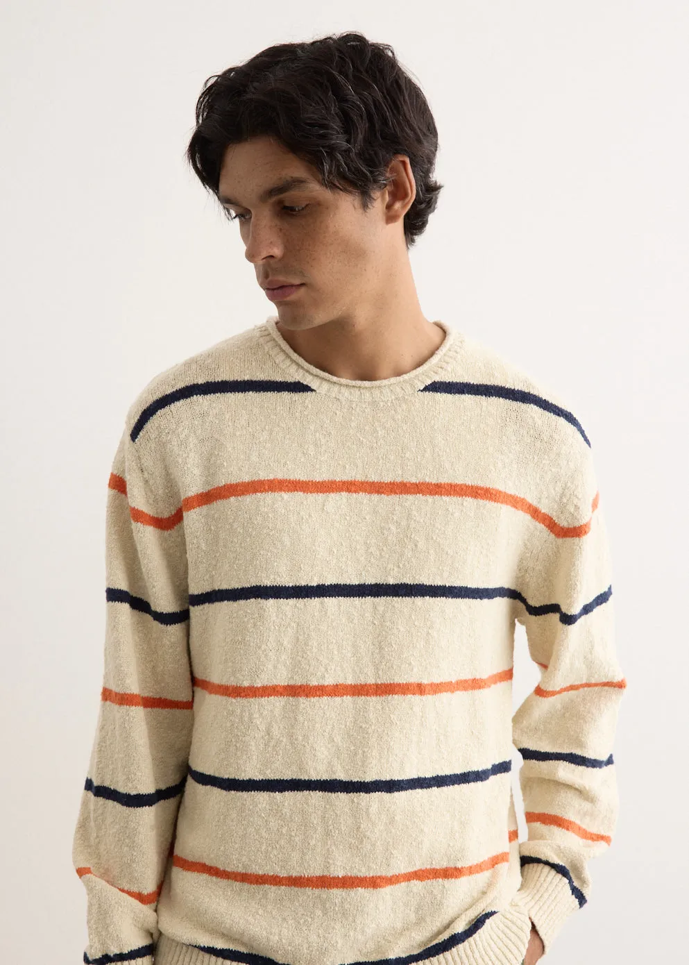 Cotton Linen Slab Stripe Crewneck