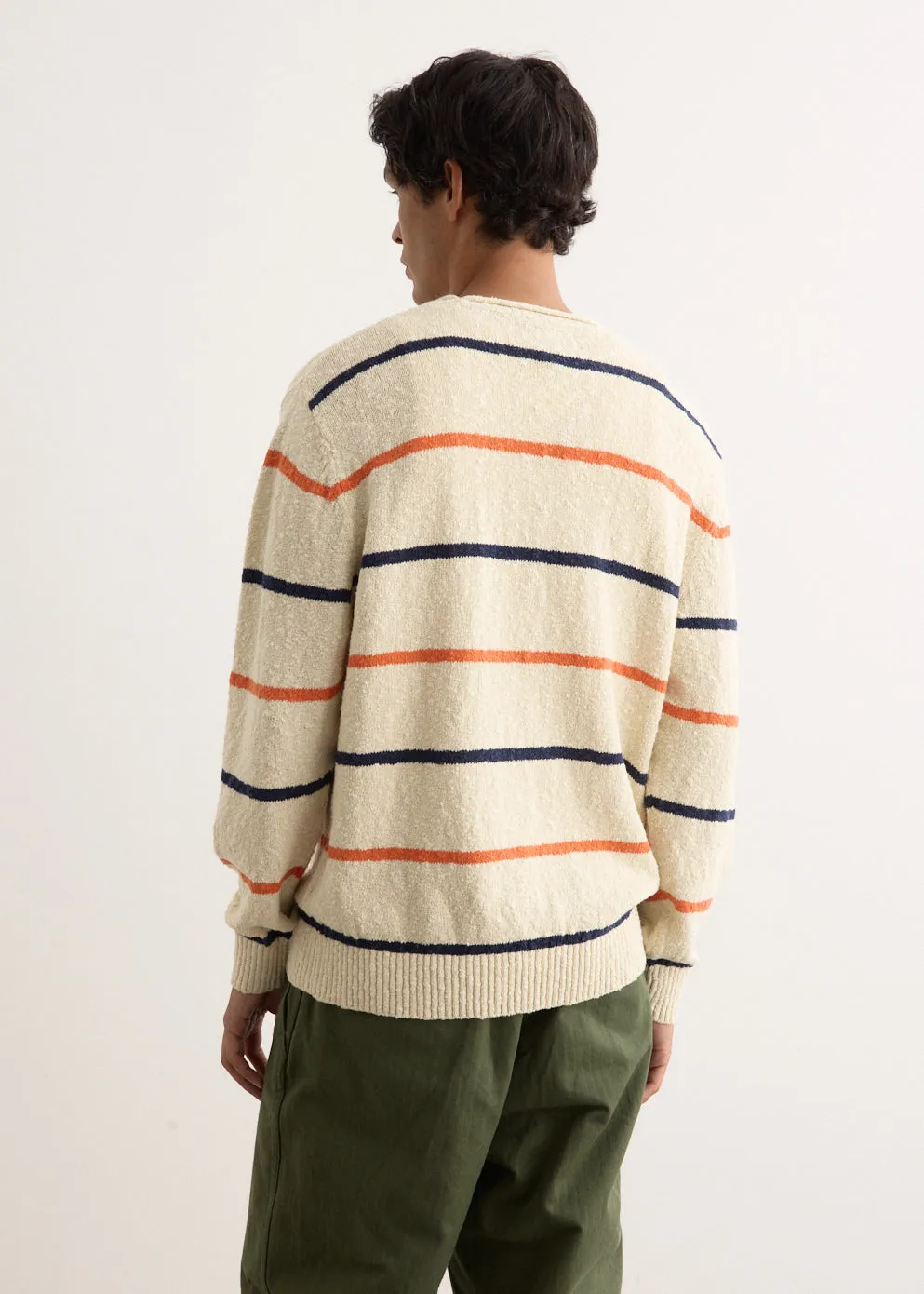 Cotton Linen Slab Stripe Crewneck