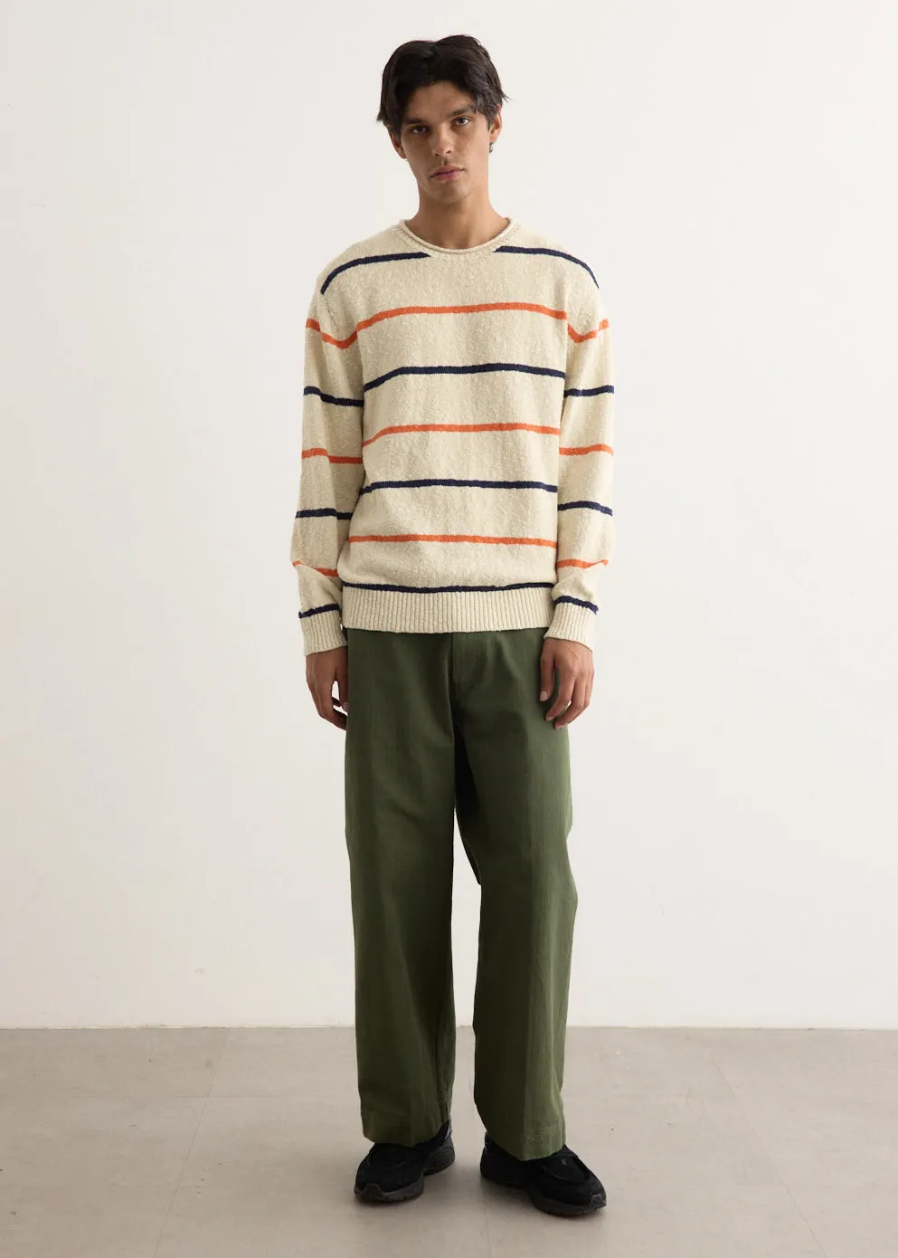 Cotton Linen Slab Stripe Crewneck