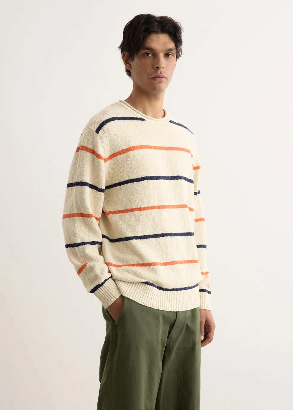 Cotton Linen Slab Stripe Crewneck
