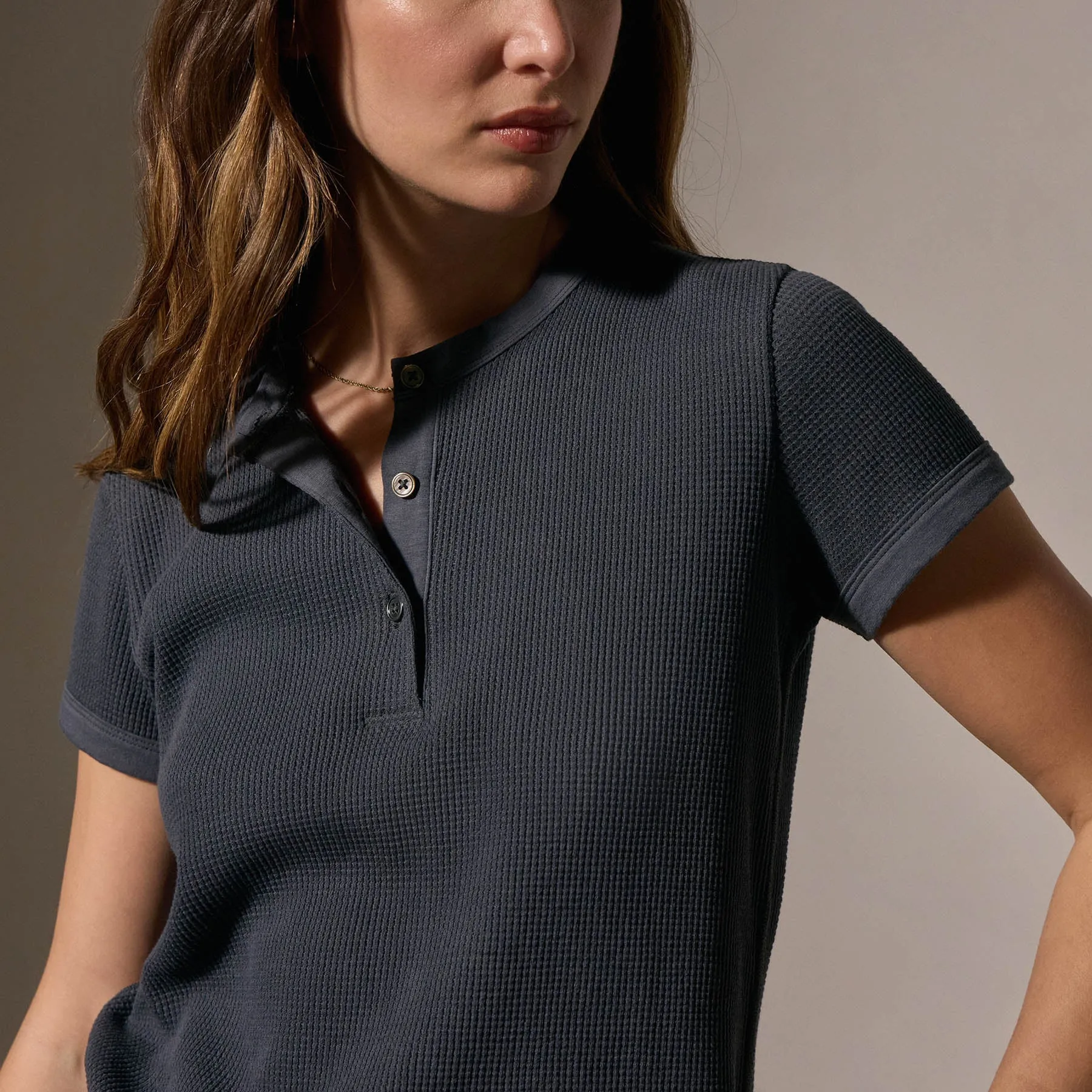 Cotton Linen Waffle Henley - Asphalt