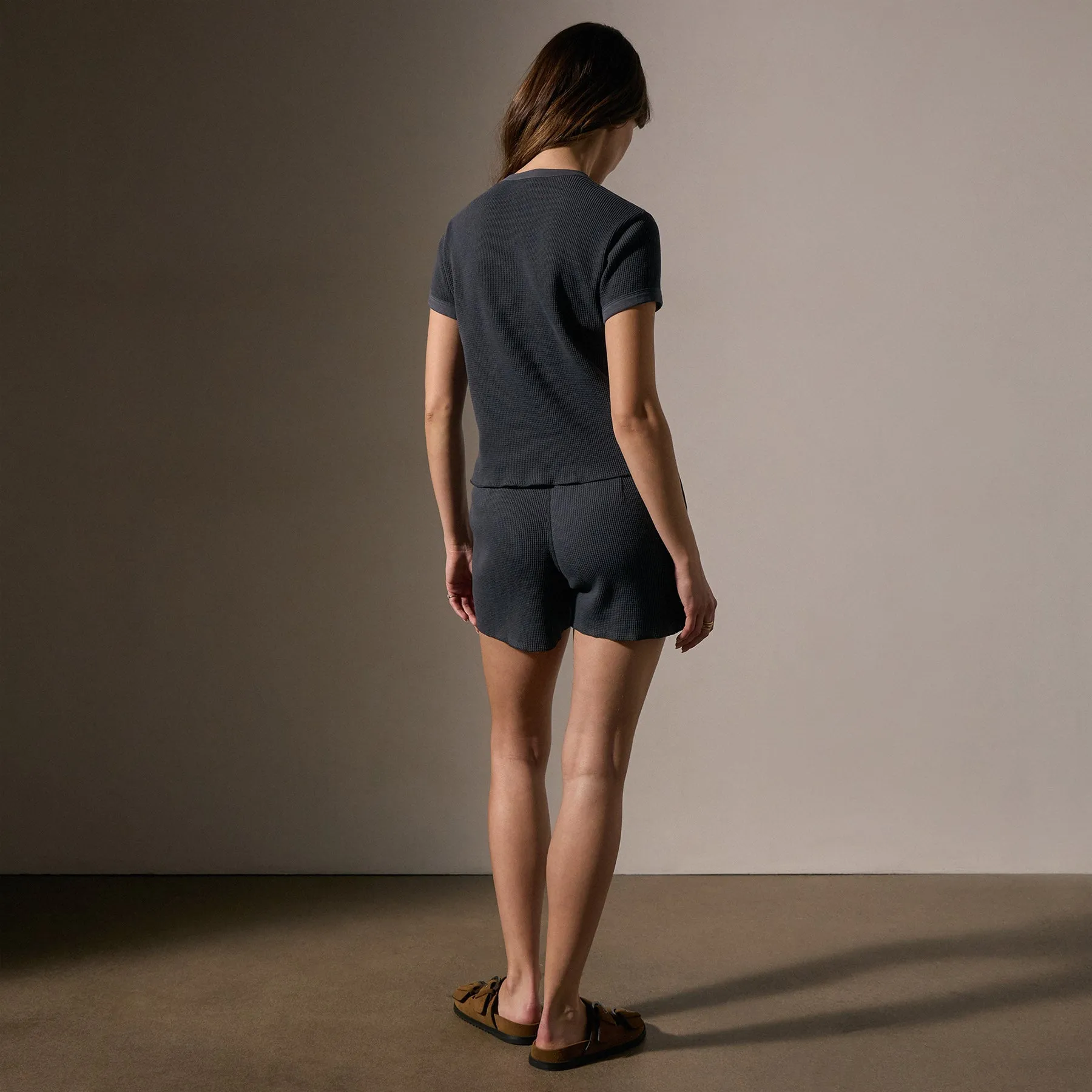 Cotton Linen Waffle Henley - Asphalt