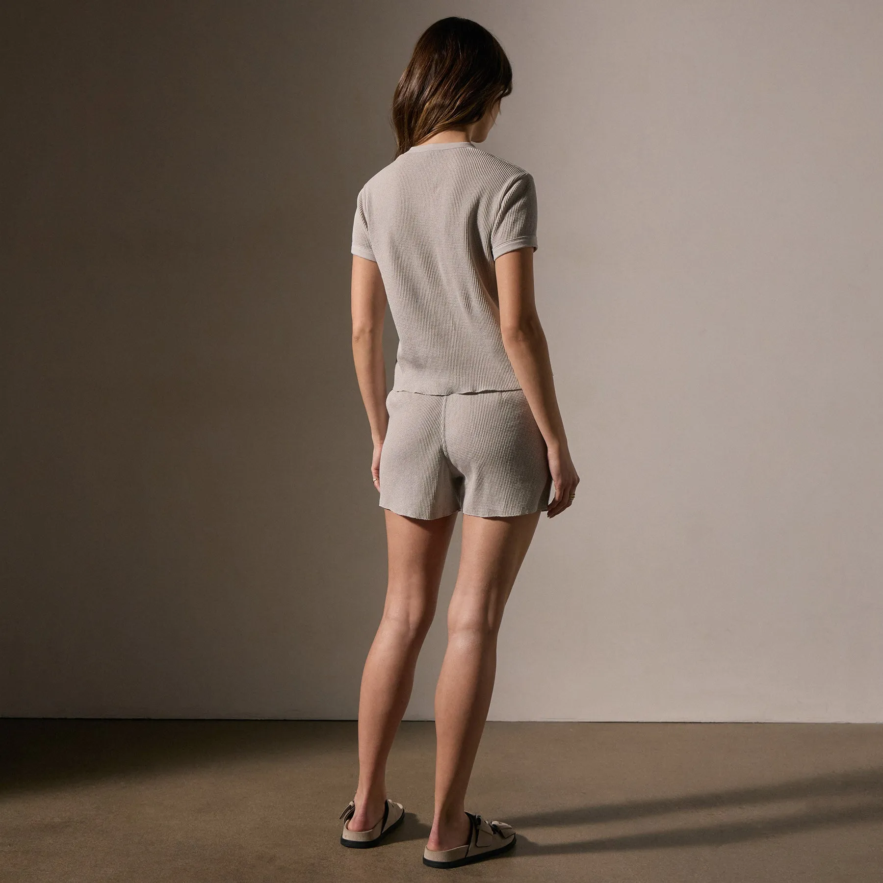 Cotton Linen Waffle Henley - Salt