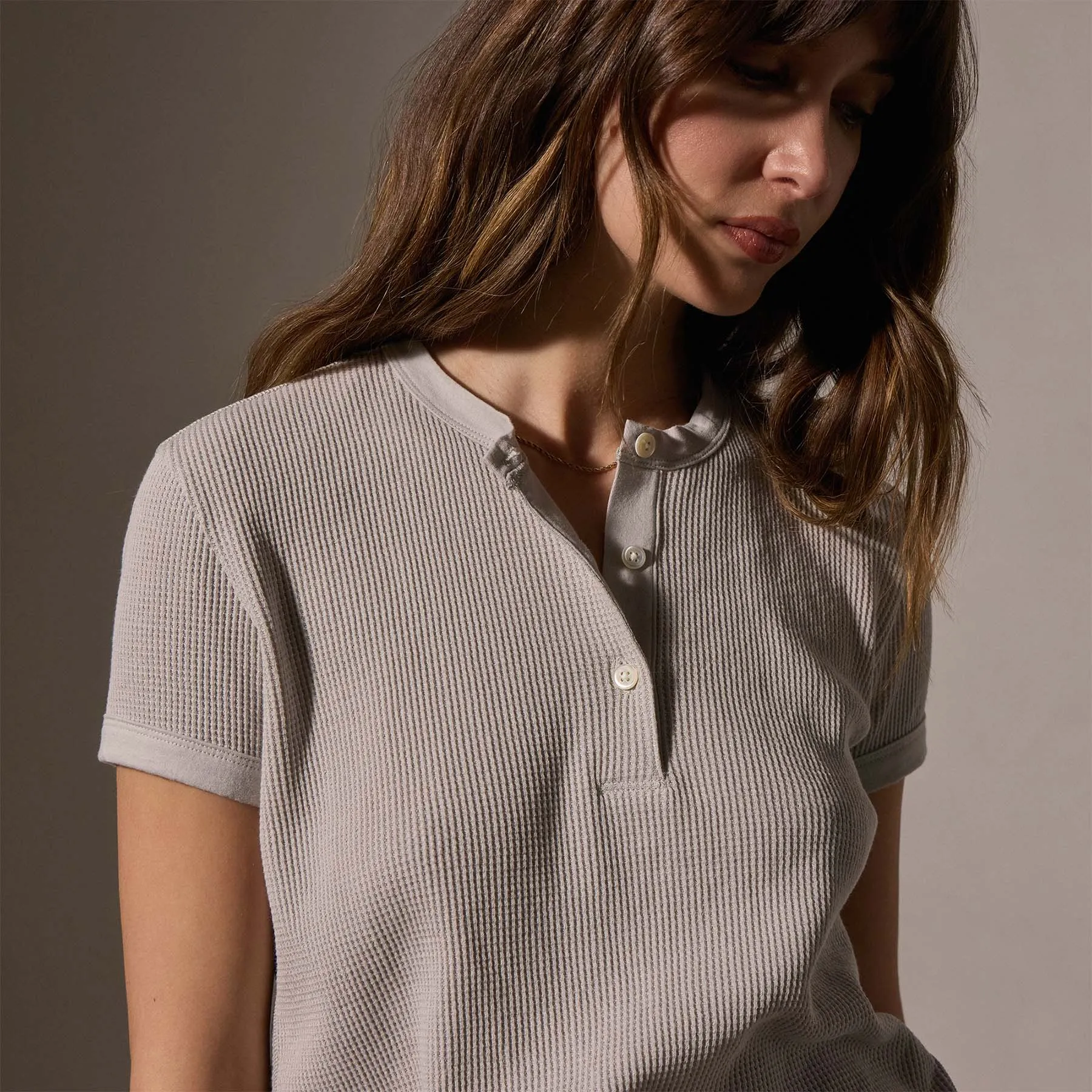 Cotton Linen Waffle Henley - Salt