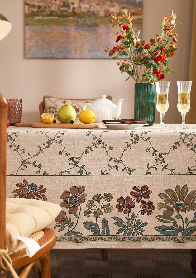 Farmhouse Table Cloth for Oval Table, Rustic Flower Pattern Linen Tablecloth for Kitchen Table, Modern Rectangle Tablecloth Ideas for Dining Room Table