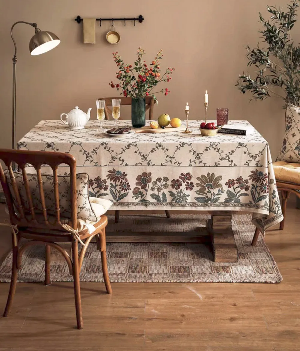 Farmhouse Table Cloth for Oval Table, Rustic Flower Pattern Linen Tablecloth for Kitchen Table, Modern Rectangle Tablecloth Ideas for Dining Room Table