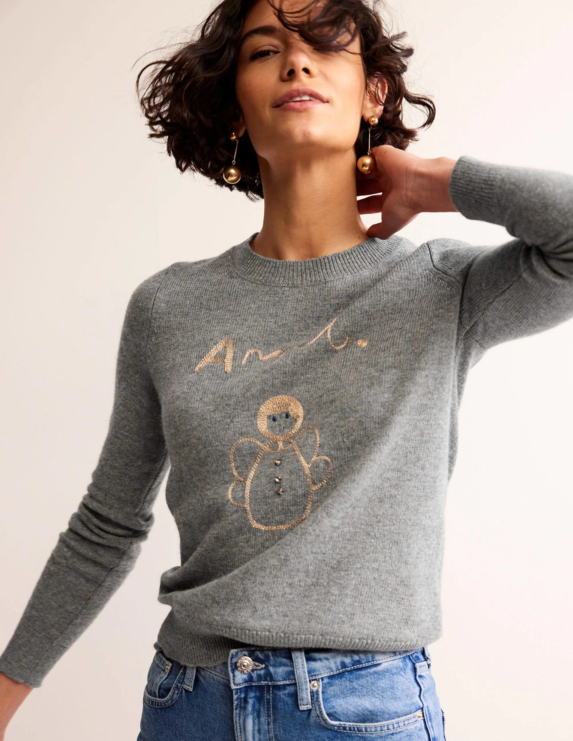 Festive Embroidered Jumper-Grey Melange, Angel