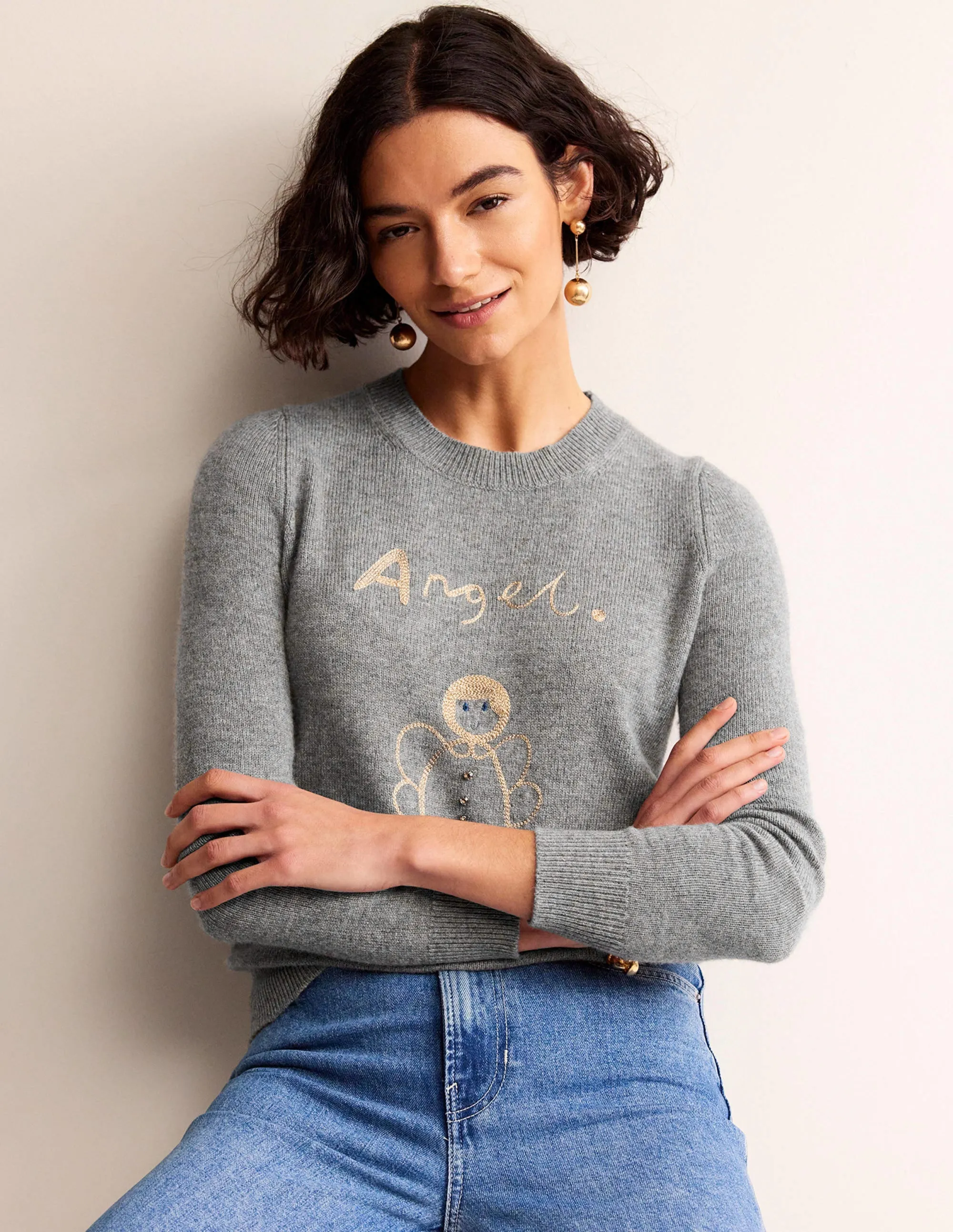 Festive Embroidered Jumper-Grey Melange, Angel