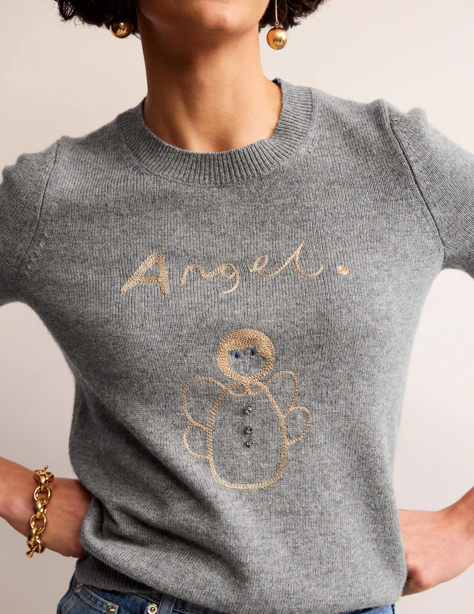 Festive Embroidered Jumper-Grey Melange, Angel