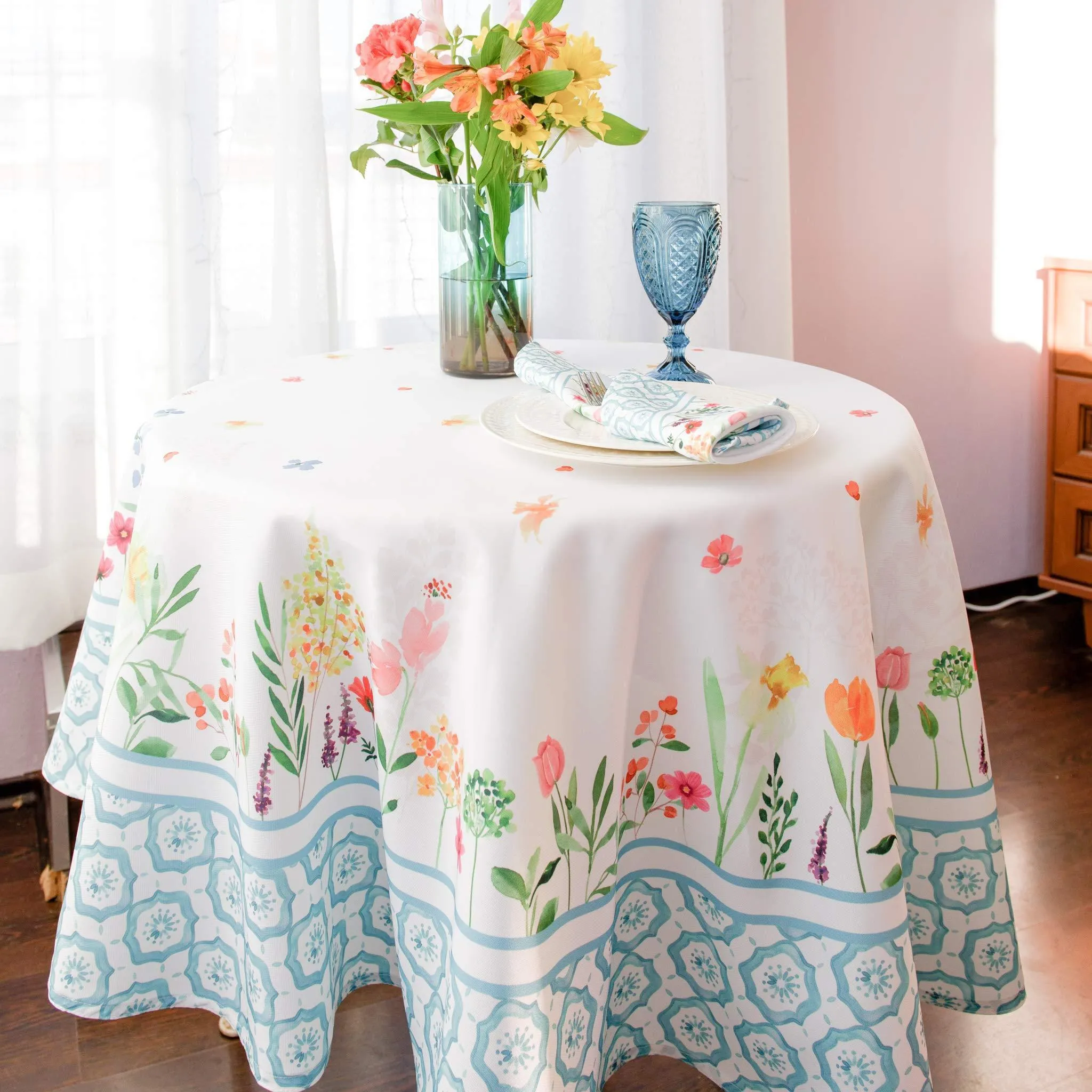 Floral Color Round Tablecloth 60 inch Diameter Non Iron Stain Resistant